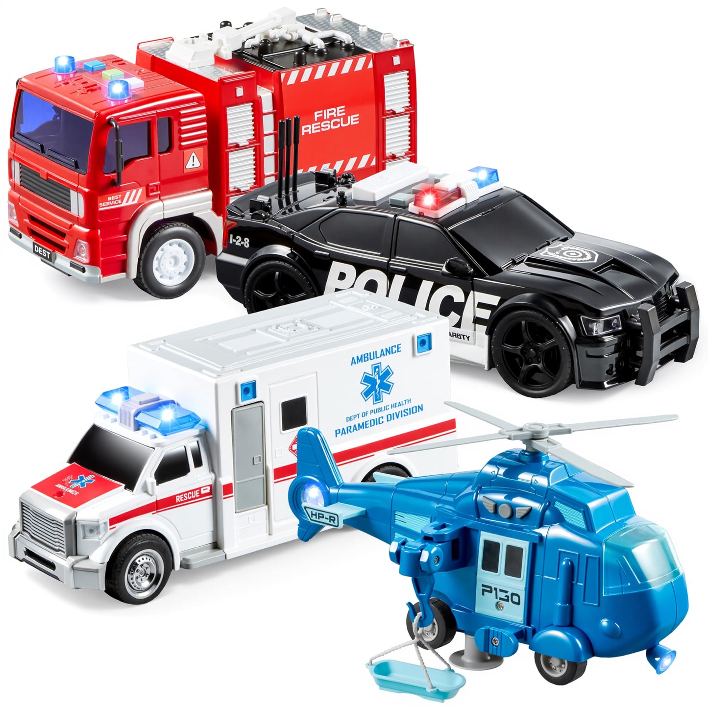 JOYIN 4-Pack Emergency Vehicle Toys, Friction Powered Fire Truck, Ambulance, Police Car & Helicopter with Lights & Sounds, Kids Gift