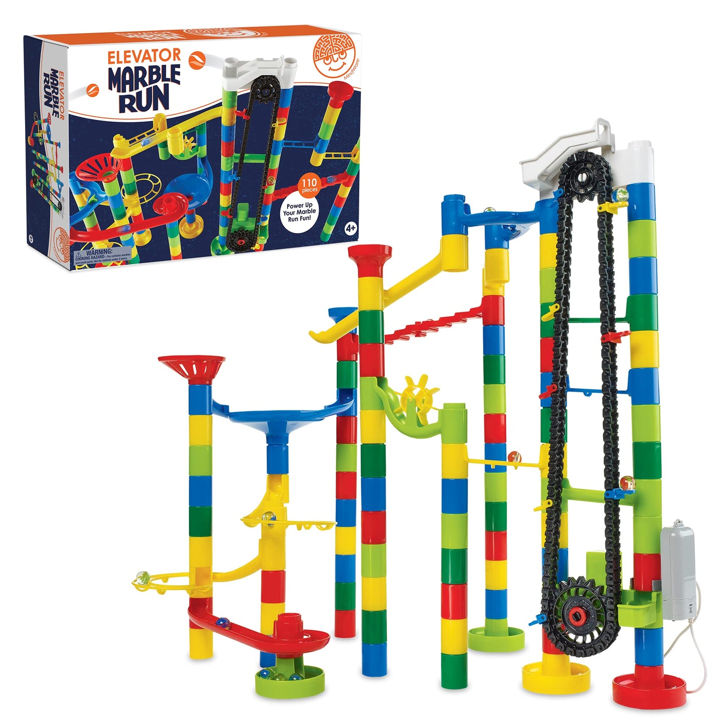 MindWare Marble Run 110 Piece Building Set with 82 Track Pieces, 15 Marbles and Motorized Elevator