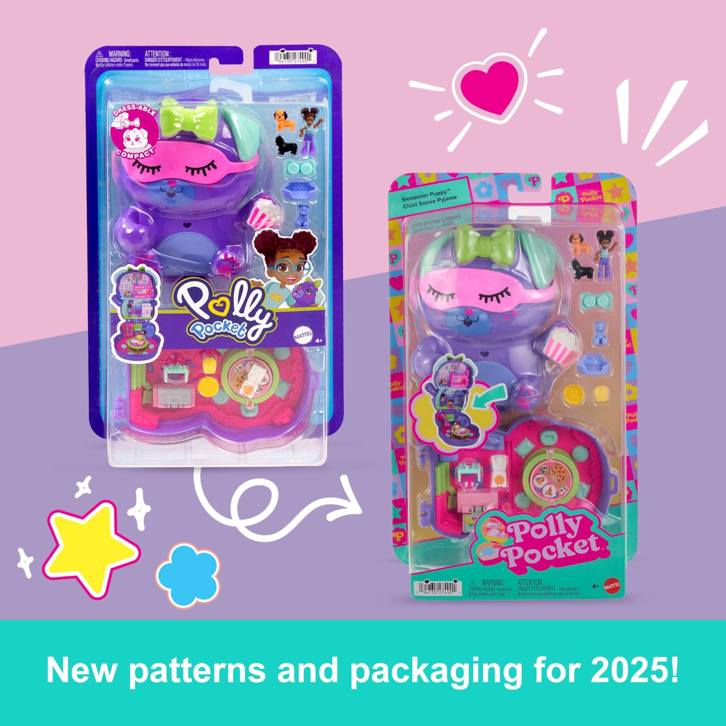 Polly Pocket Dolls and Playset, Sleepover Puppy Compact, Travel Toy with 1 Micro Doll, Pet Dogs, Food & Fashion Styling Accessories