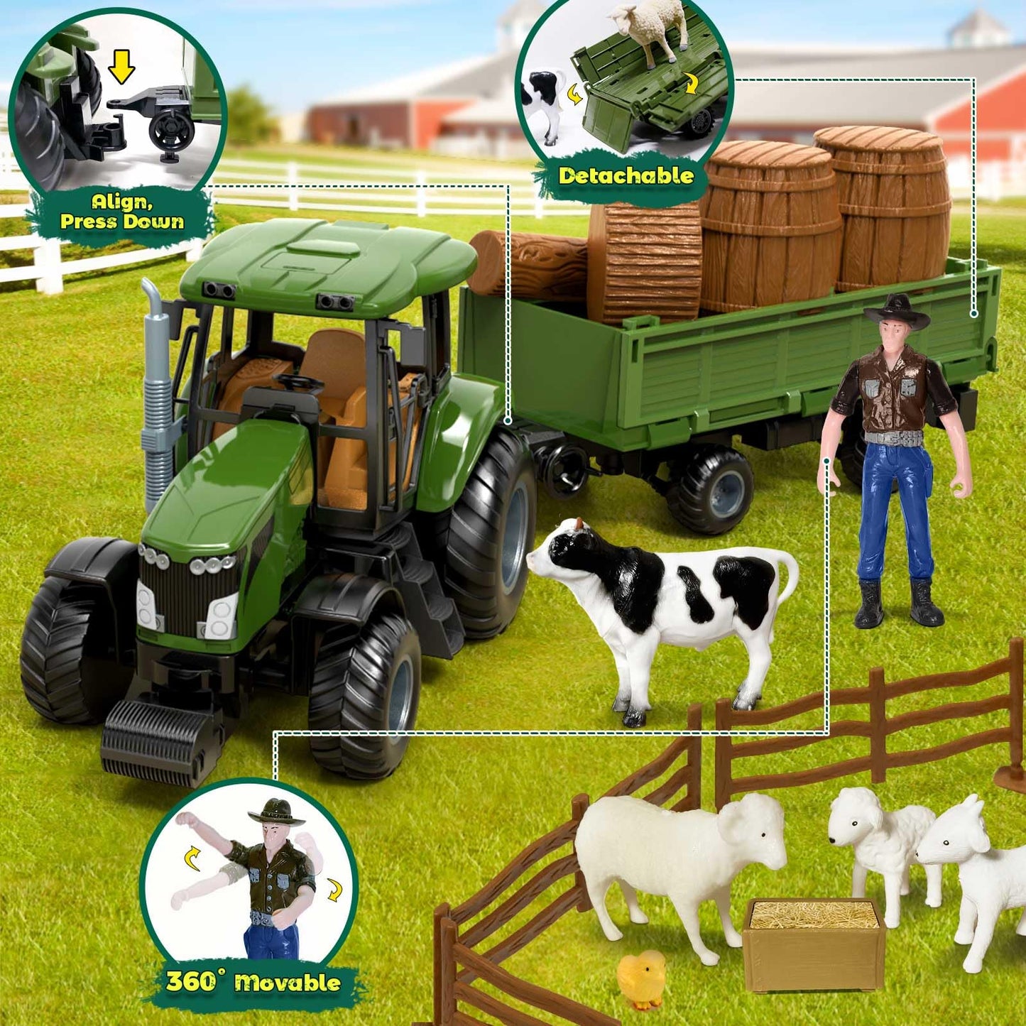 Womaqu Remote Control Tractor with Trailer Farm Toy Set with Animals, Fruits, Vegetables & Farmer Figures for Kids Ages 3-9, Boys & Girls Gifts