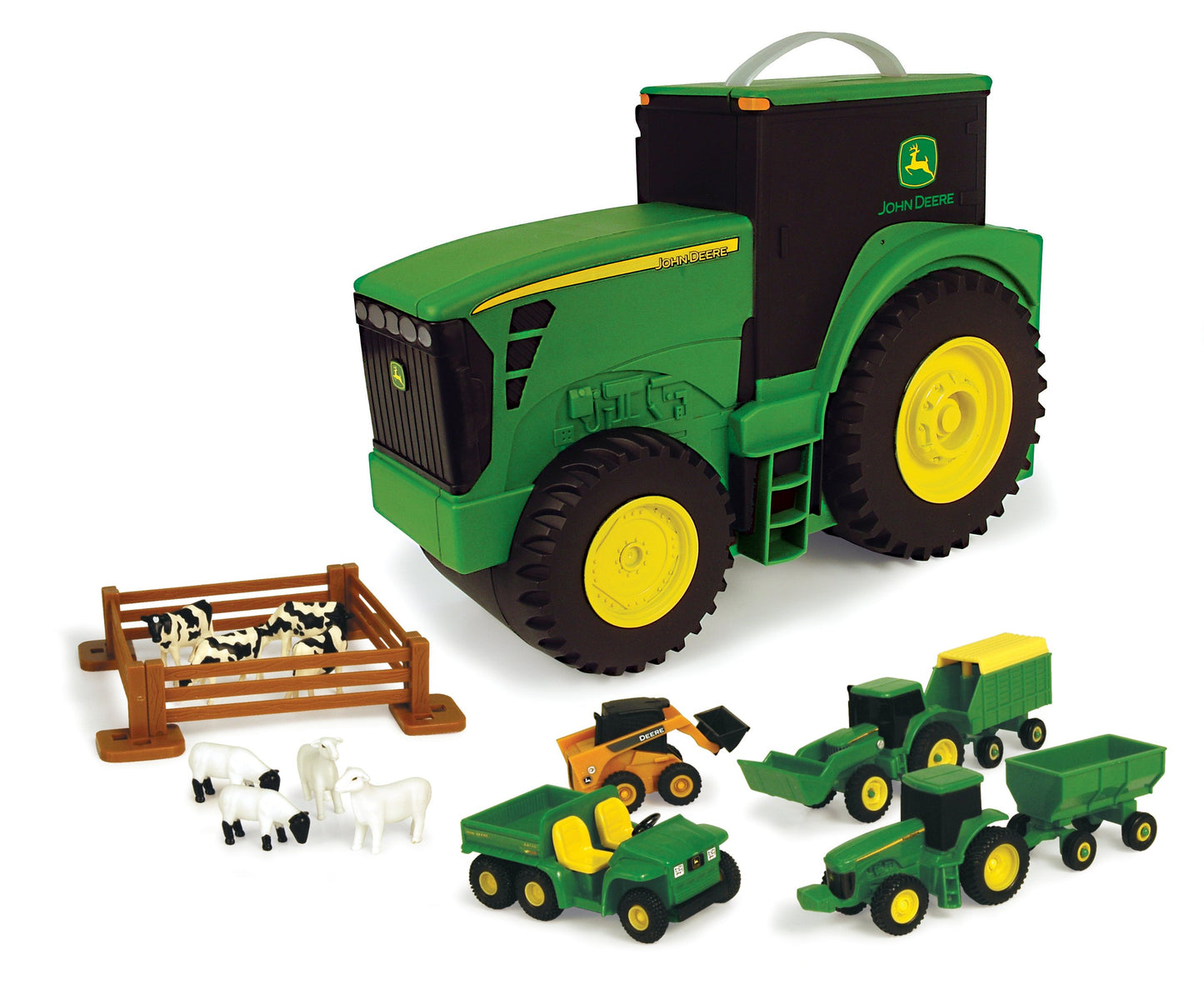 TOMY John Deere Tractor Toy Set with Portable Tractor Case, 18 Farm Vehicles, 10 Compartments, Preschool Farm Toys for Ages 3+