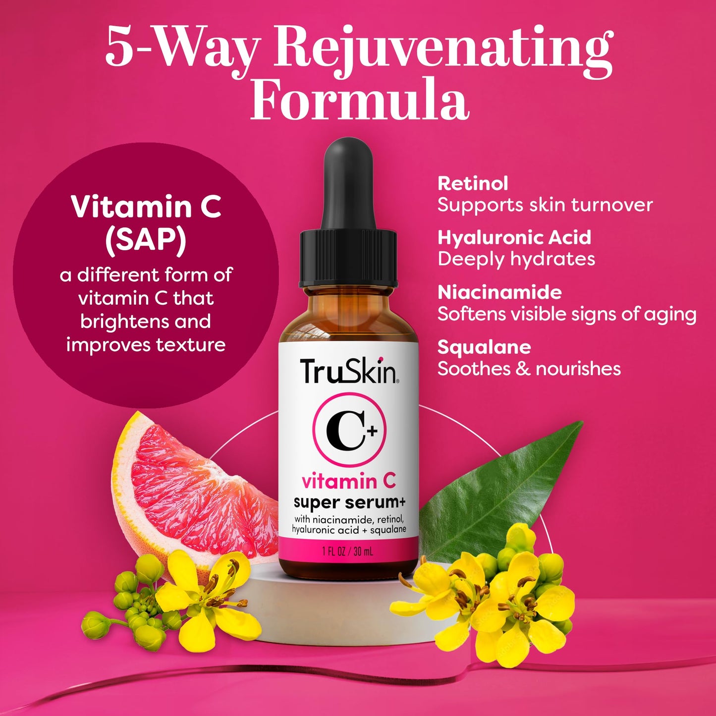 TruSkin Vitamin C Super Serum – Anti-Aging Face Serum with Niacinamide, Retinol, Hyaluronic & Salicylic Acid – Brighten & Firm Skin, 2 Fl Oz