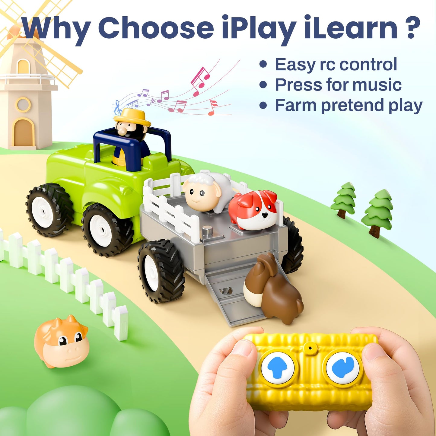 iPlay, iLearn Baby Farm Tractor Toy – Remote Control Truck with Music & Animal Trailer, Fun RC Toy for 18M-4 Year Old Boys & Girls, Easter Birthday Gift