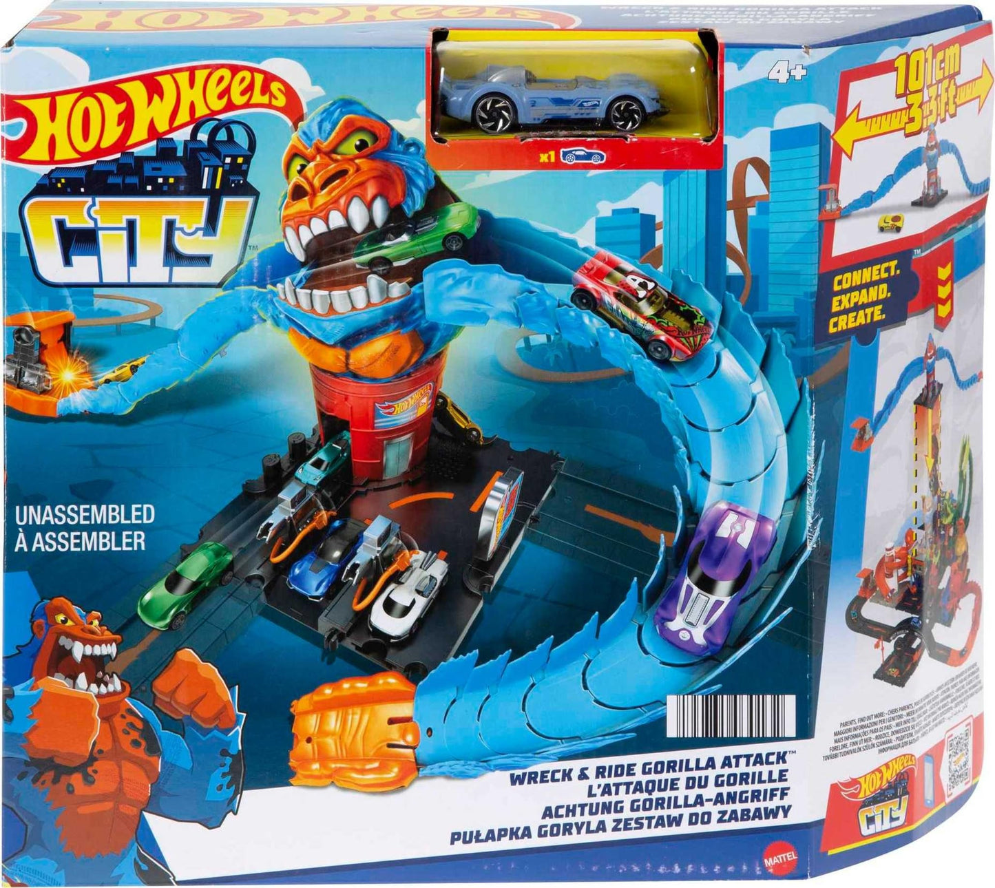 Hot Wheels City Wreck & Ride Gorilla Attack with 1 Car, Connects to Other Sets, Gas Station-Themed Set, Gift for Kids 4 to 8 Years Old