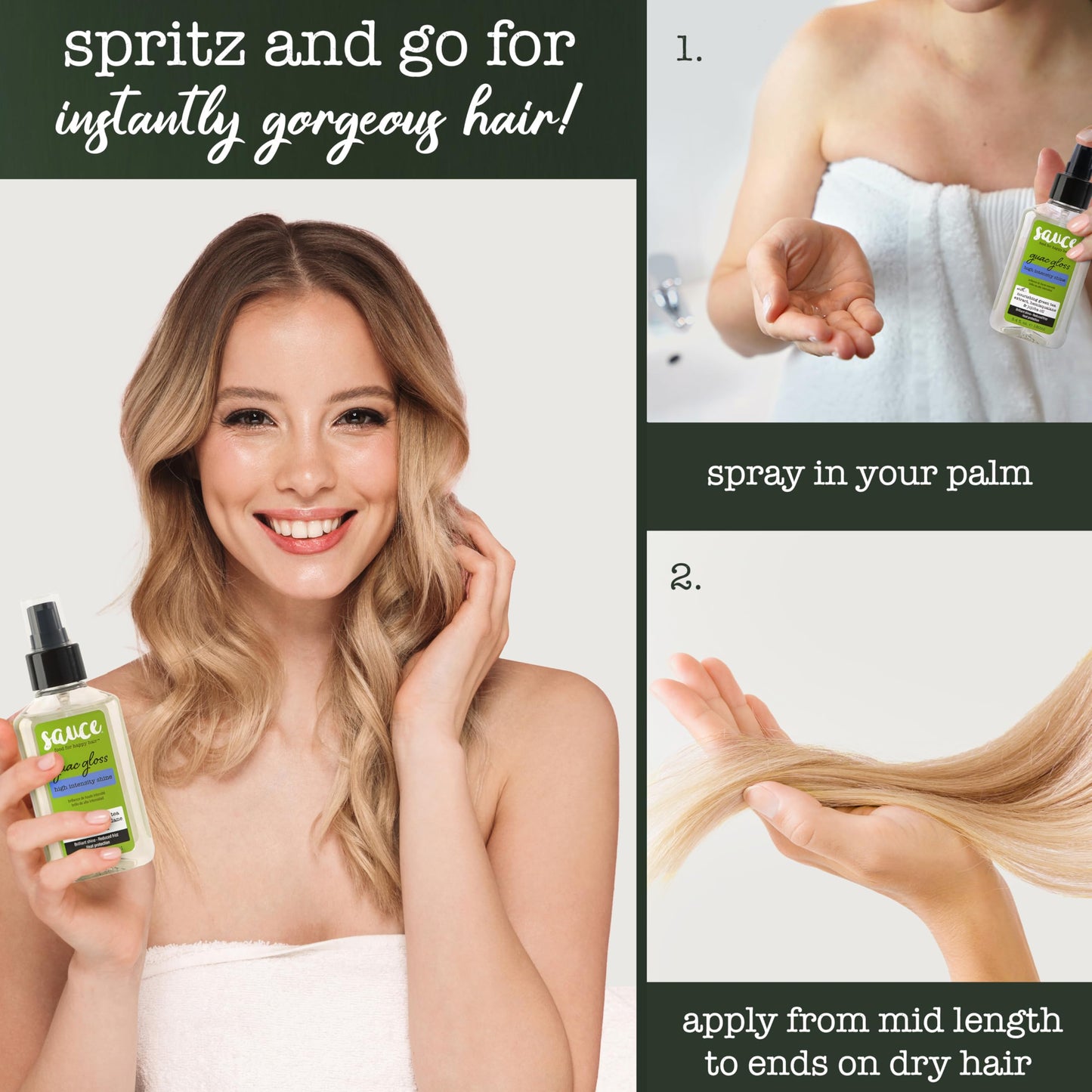 SAUCE BEAUTY Guac Hair Gloss 3 Fl Oz | High Shine Hair Serum with Jojoba Oil, Green Tea & Squalane | Smooth, Frizz Control & Vegan Formula