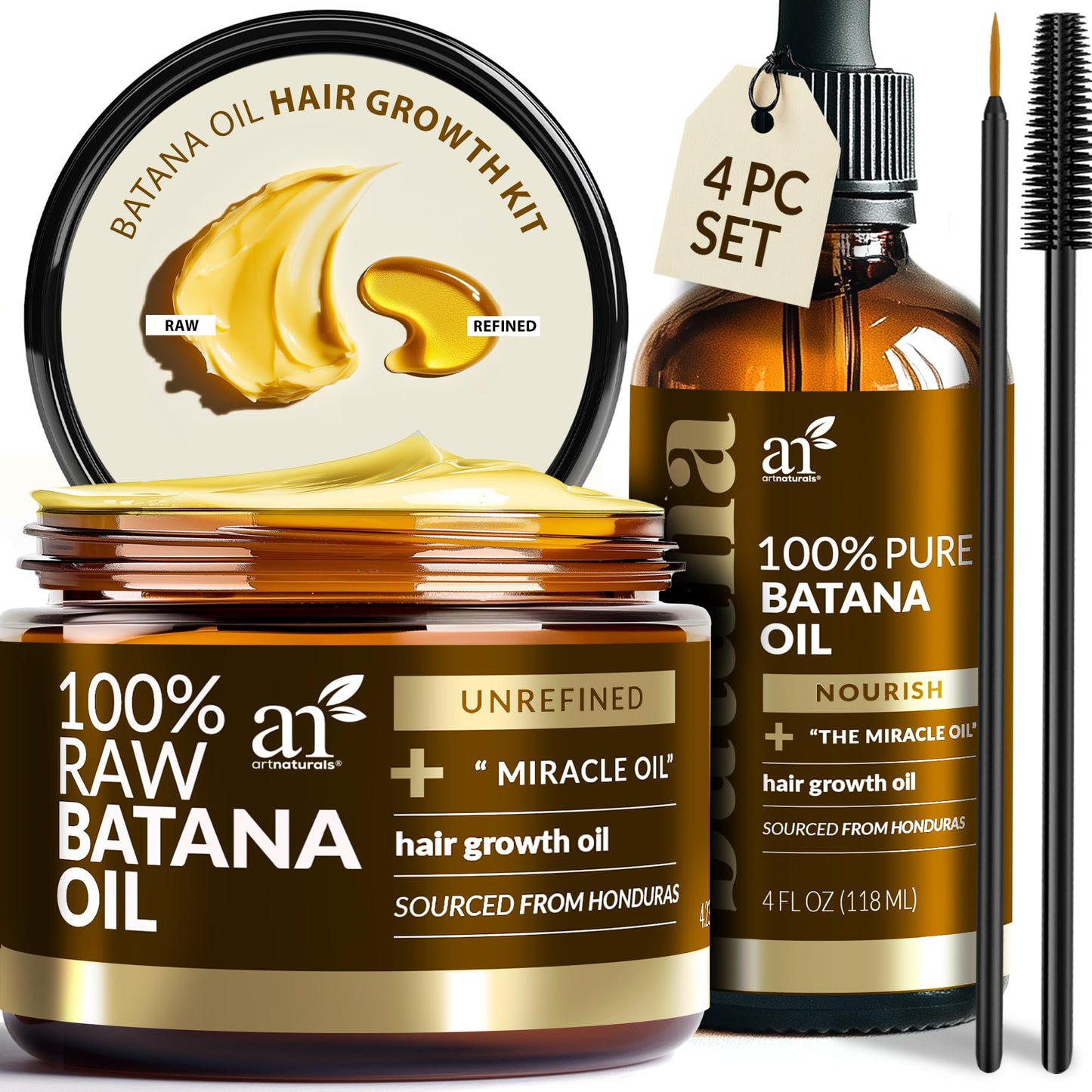 Batana Oil Hair Growth Set – 100% Pure & Unrefined from Honduras | Includes 4oz Oil, 4.2oz Paste, Lash Wand & Brow Brush | Dr. Sebi Inspired