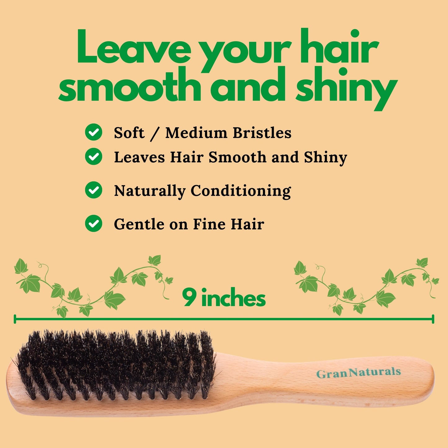 GranNaturals Boar Bristle Slick Back Brush – Soft/Medium Hairbrush for Smooth, Sleek, Frizz-Free Styles – Polishes & Lays Hair Flat – Wooden Handle