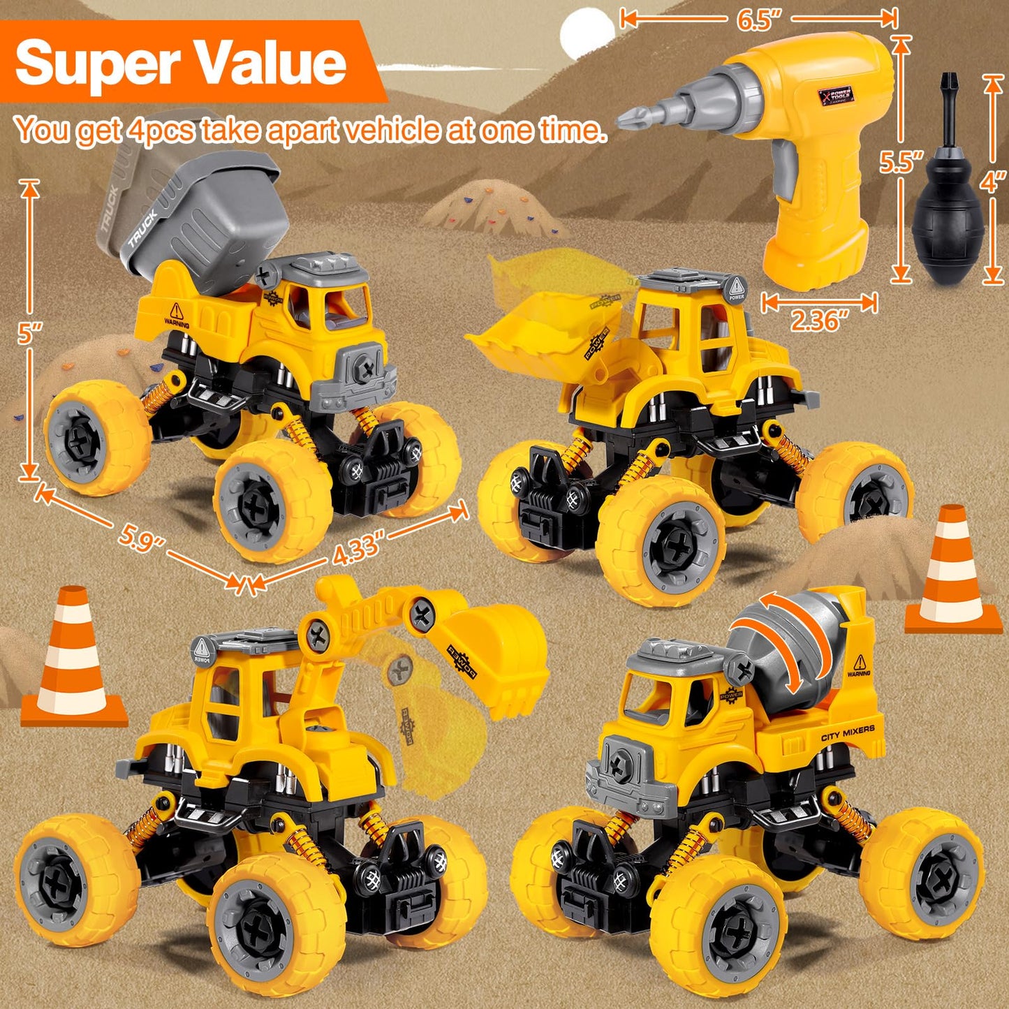 LUDILO 4PCS Take Apart Toys with Electric Drill – DIY Construction Trucks for Kids 3-8, STEM Learning, Educational Gift for Boys & Girls