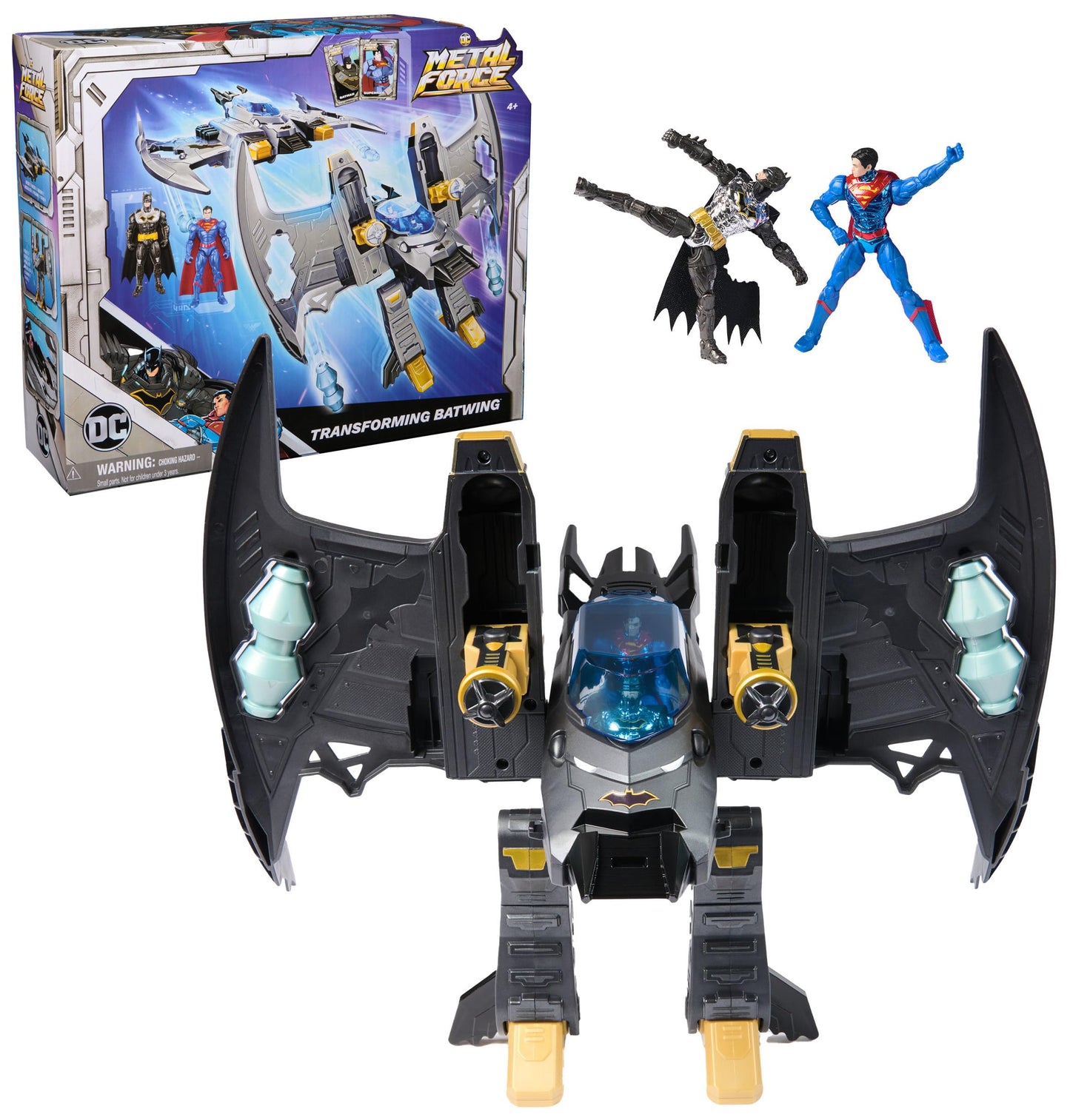 DC Comics Metal Force Batwing 2-in-1 Transforming Playset with Batman & Superman Figures, Projectiles & Character Cards for Kids 4+
