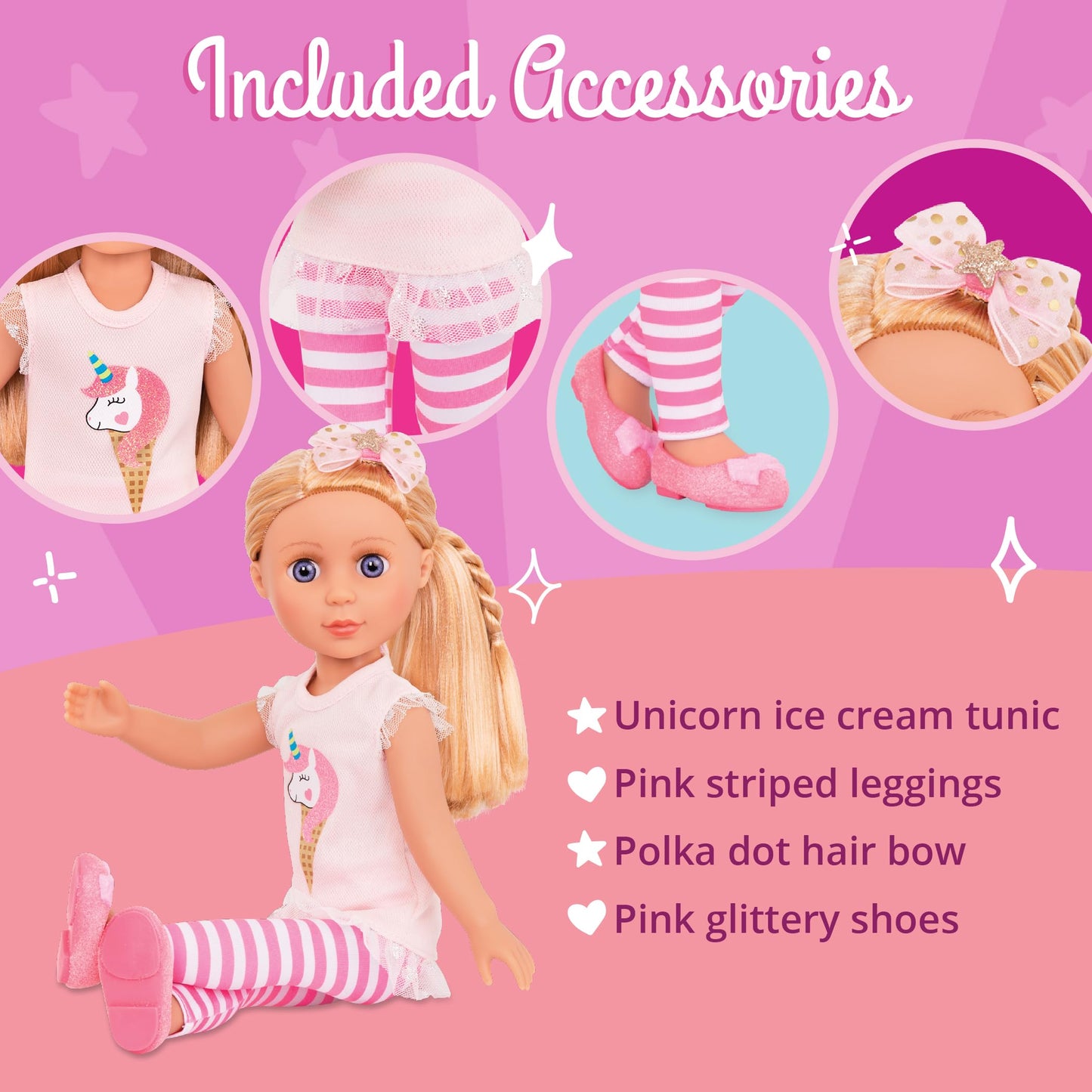 Glitter Girls 14" Fashion Doll – Blonde Hair, Blue Eyes, Pink Tunic, Striped Leggings, Hair Bow & Ballet Shoes – For Girls 3+