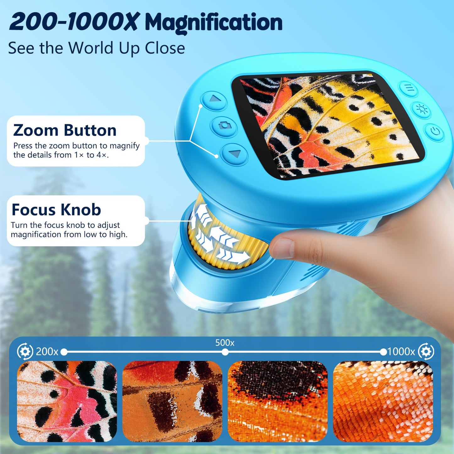 1000X Handheld Kids Microscope with 4K 2.4" Screen, 12 Slides, Portable Educational Toy Gift for Ages 3-12 (Blue)