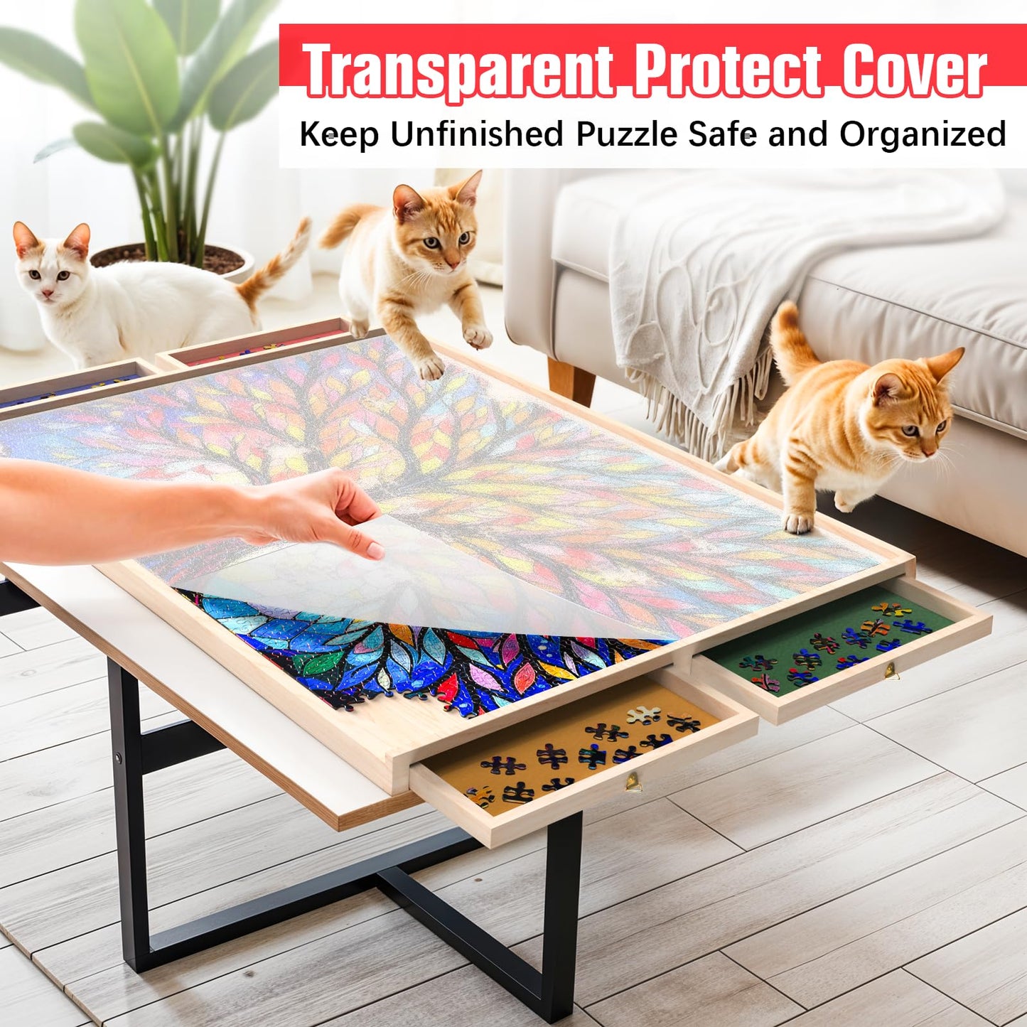 Puzzle Board with Drawers and Cover Rotatable 360-Degree Wheels 1000 Pieces Lightweight Portable Wooden Puzzle Table for Adults Kids 30'' x 22''