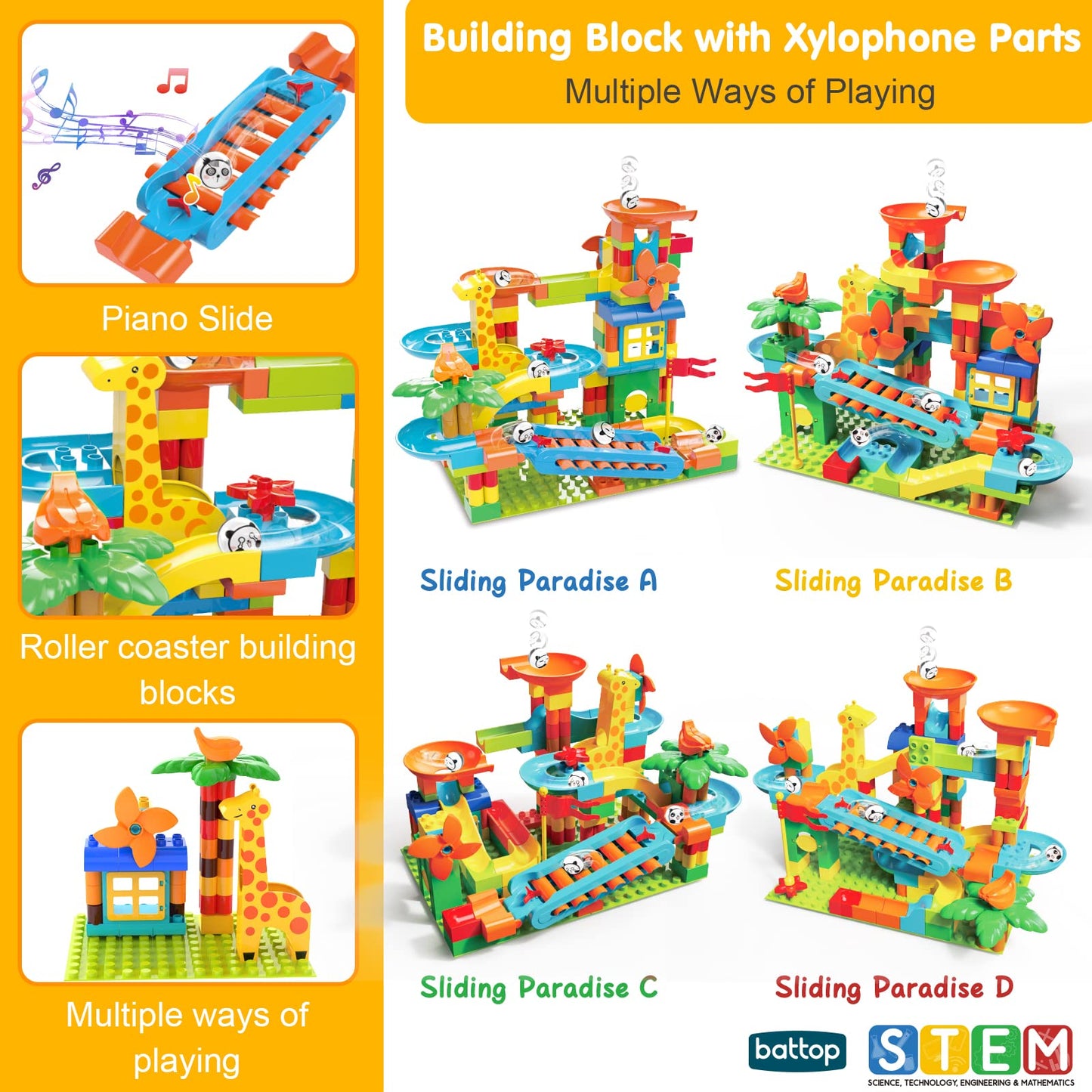 BATTOP Marble Run for Kids 4-8 – 167 PCS Big Blocks, 4-Ball Race Track, STEM Building Toy, Classic Marble Run Set, Xmas Gift for Boys & Girls