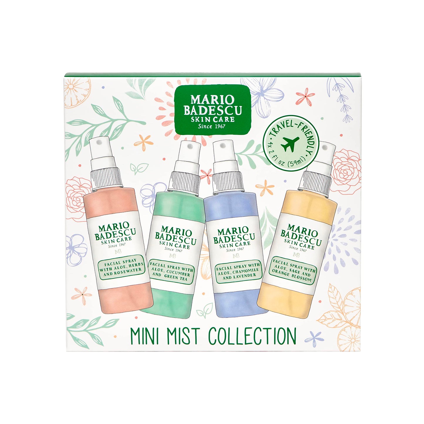 Mario Badescu Mini Facial Spray Set – Rose, Cucumber, Lavender & Orange Blossom, Hydrating & Cooling Mist for All Skin Types, 2oz (4-Pack)