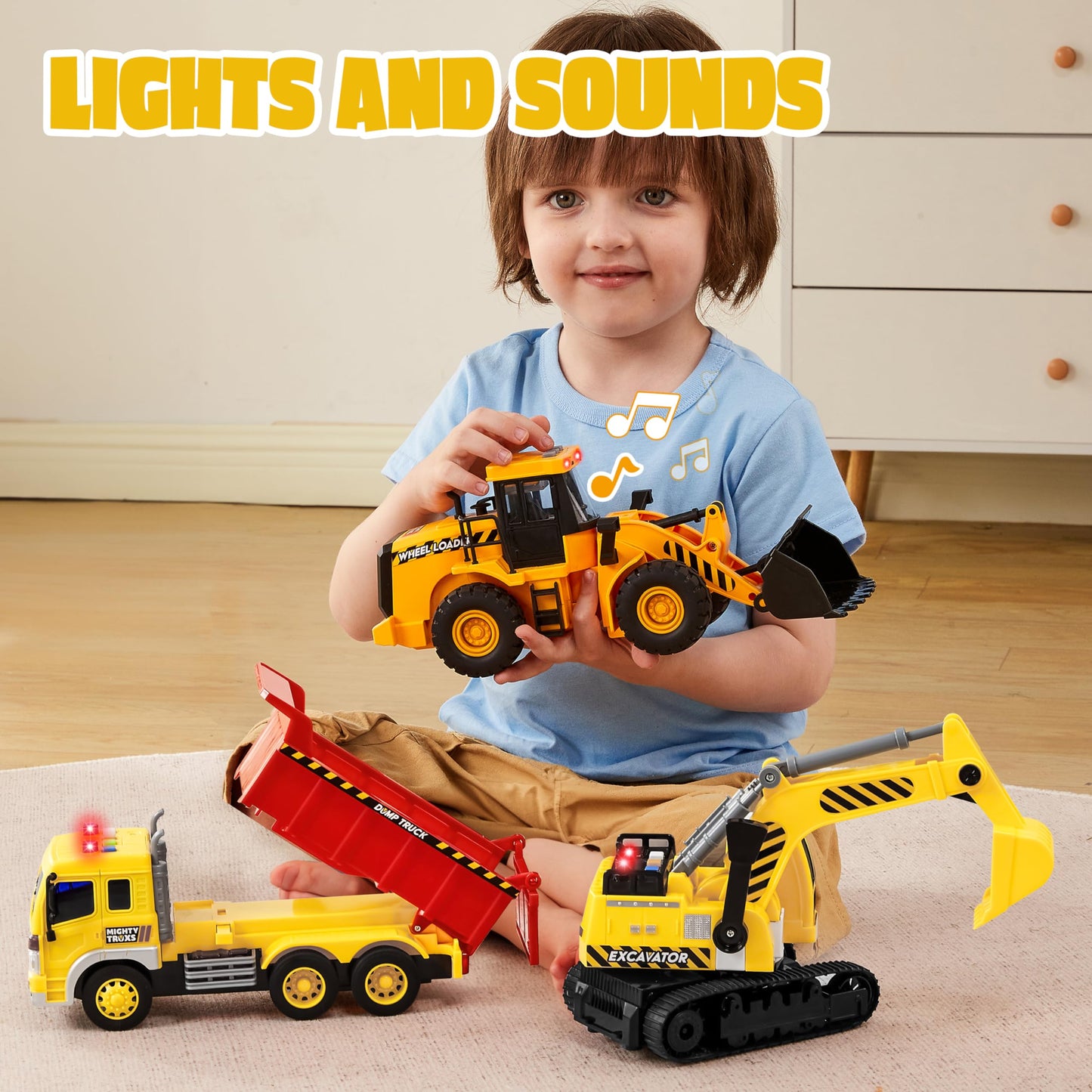 JOYIN 3-Pack Construction Trucks for Toddlers – Excavator, Dump Truck & Loader with Movable Claw & Lift, Birthday & Christmas Gift