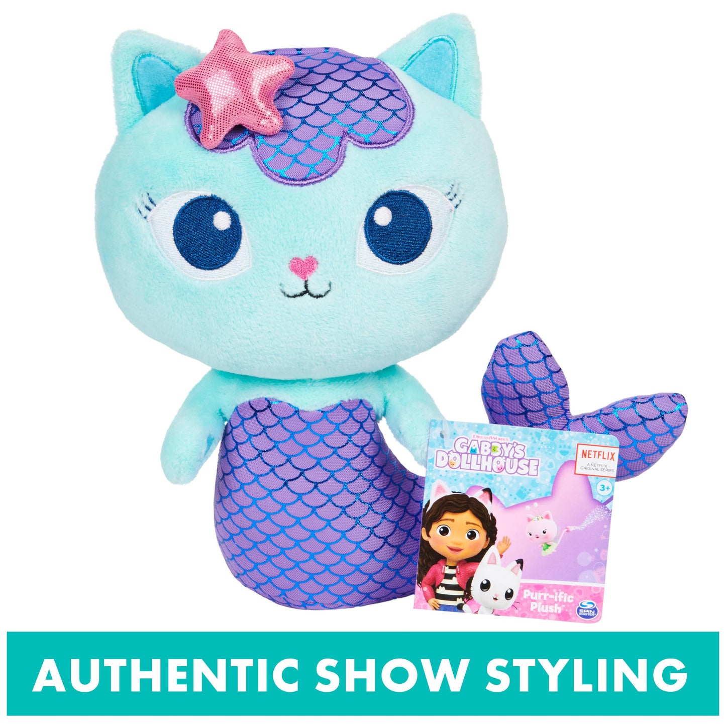 Gabby’s Dollhouse, 8-inch MerCat Purr-ific Plush Toy, Kids Toys for Ages 3 and up