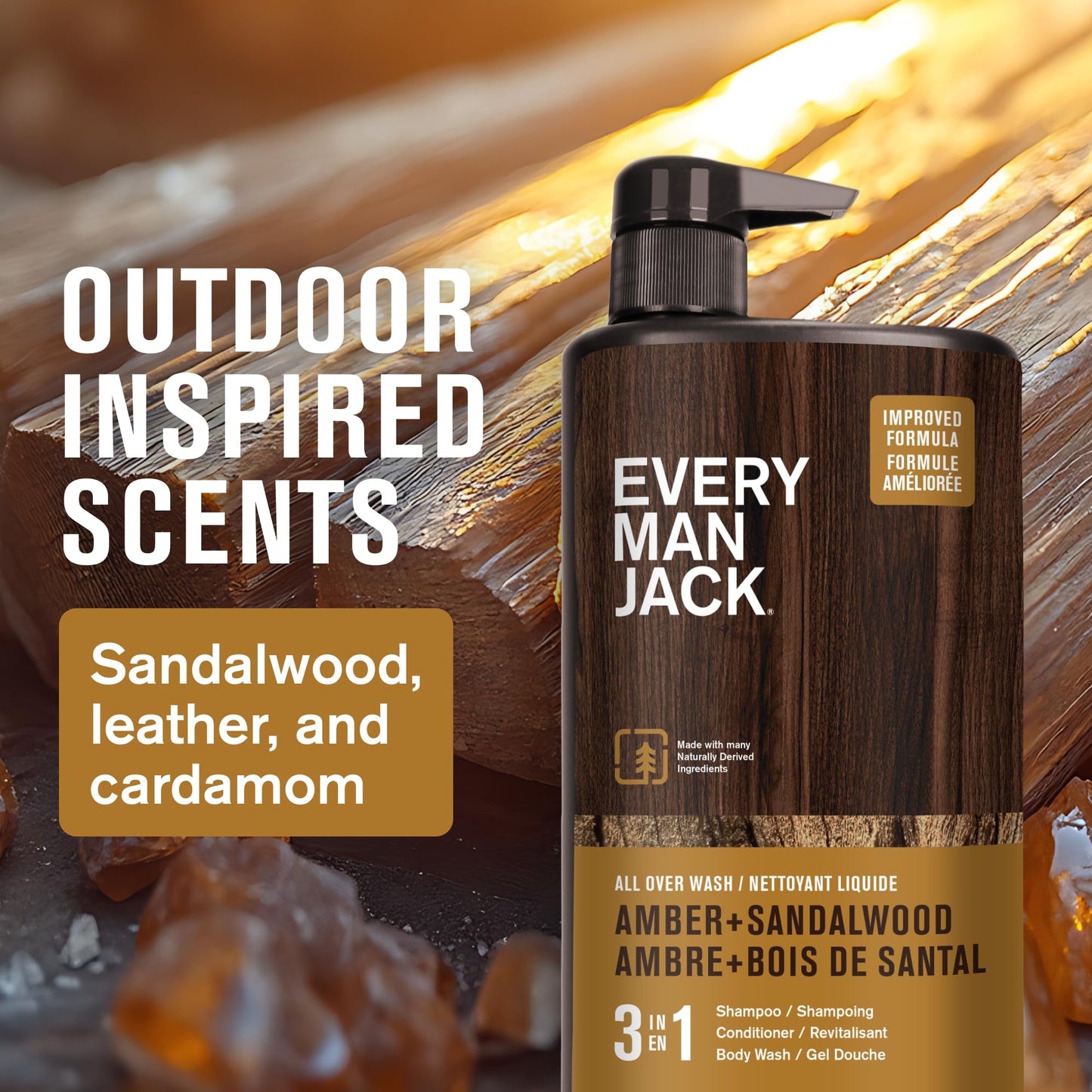 Every Man Jack Amber + Sandalwood 3-in-1 Hydrating All Over Wash for Men – Body Wash, Shampoo & Conditioner – Natural Ingredients, 28.8oz (2 Pack)