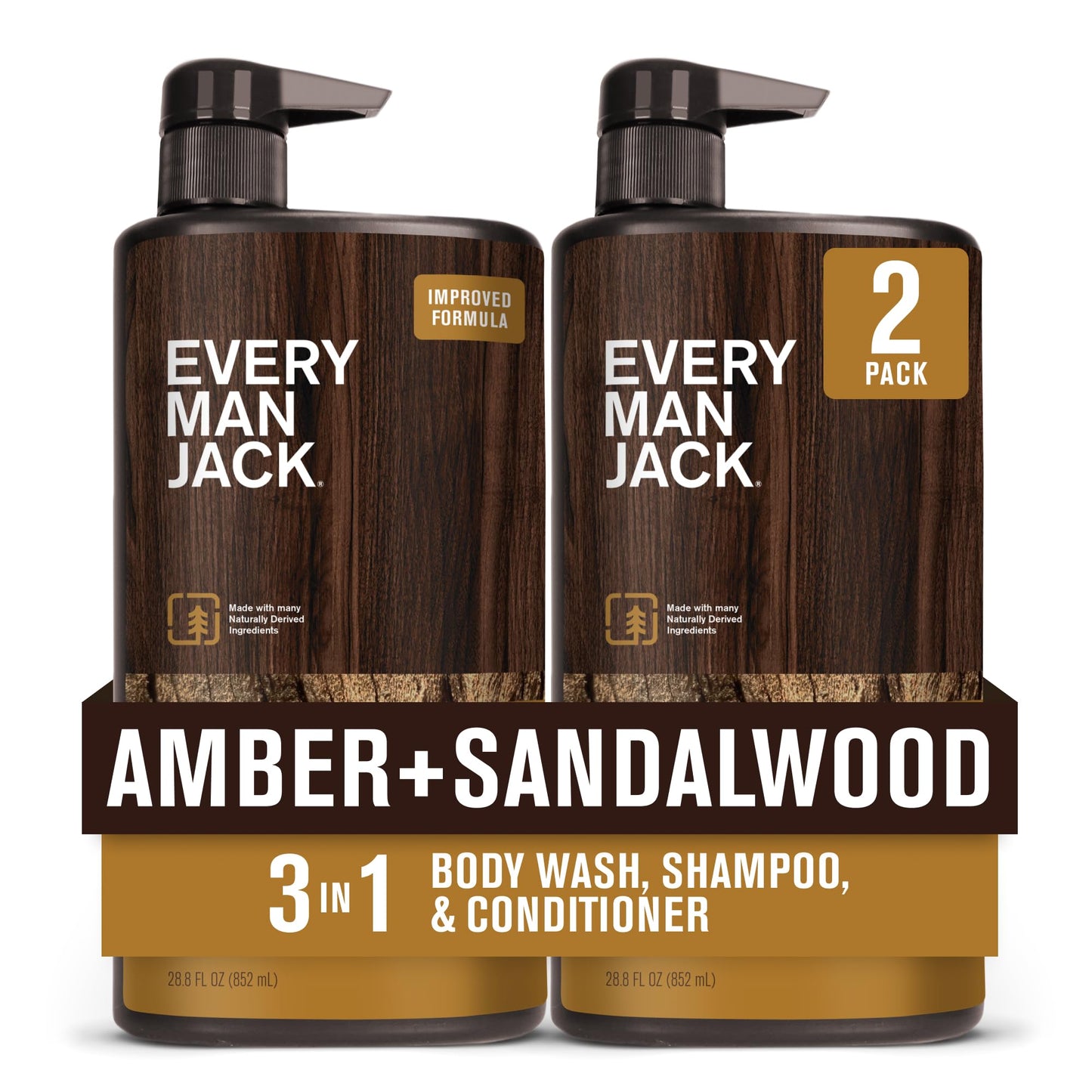Every Man Jack Amber + Sandalwood 3-in-1 Hydrating All Over Wash for Men – Body Wash, Shampoo & Conditioner – Natural Ingredients, 28.8oz (2 Pack)
