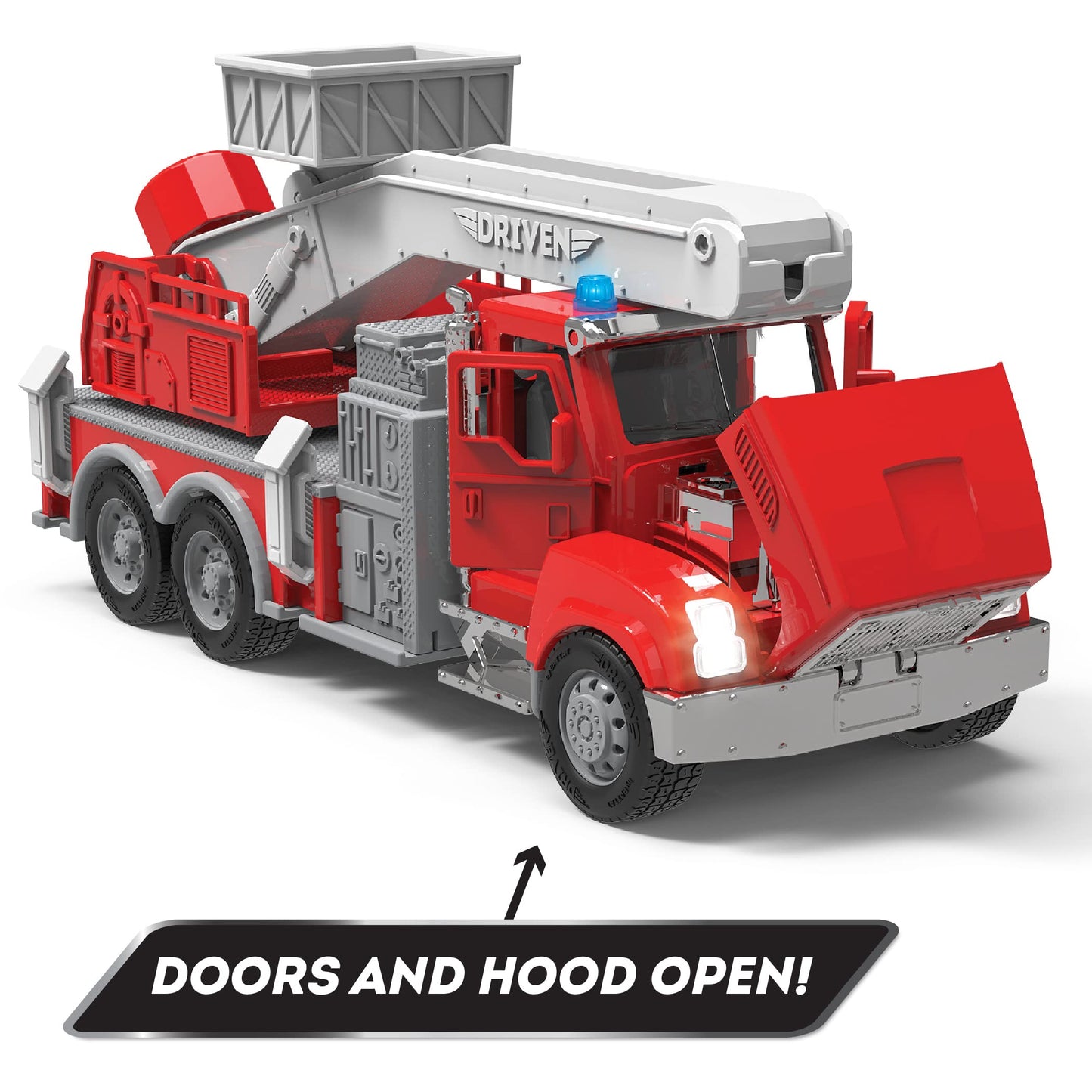 Driven by Battat 4-Pack Construction & Utility Trucks with Lights & Sounds – Cement Mixer, Telehandler, Garbage, Tow & Fire Truck, Ages 3+