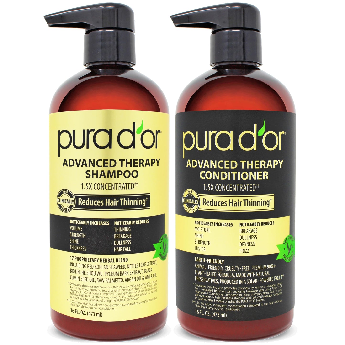 PURA D'OR Advanced Therapy Biotin Shampoo & Conditioner Set – For Thinning Hair, Clinically Tested, Herbal Hair Thickening for Women & Men, 16oz x2