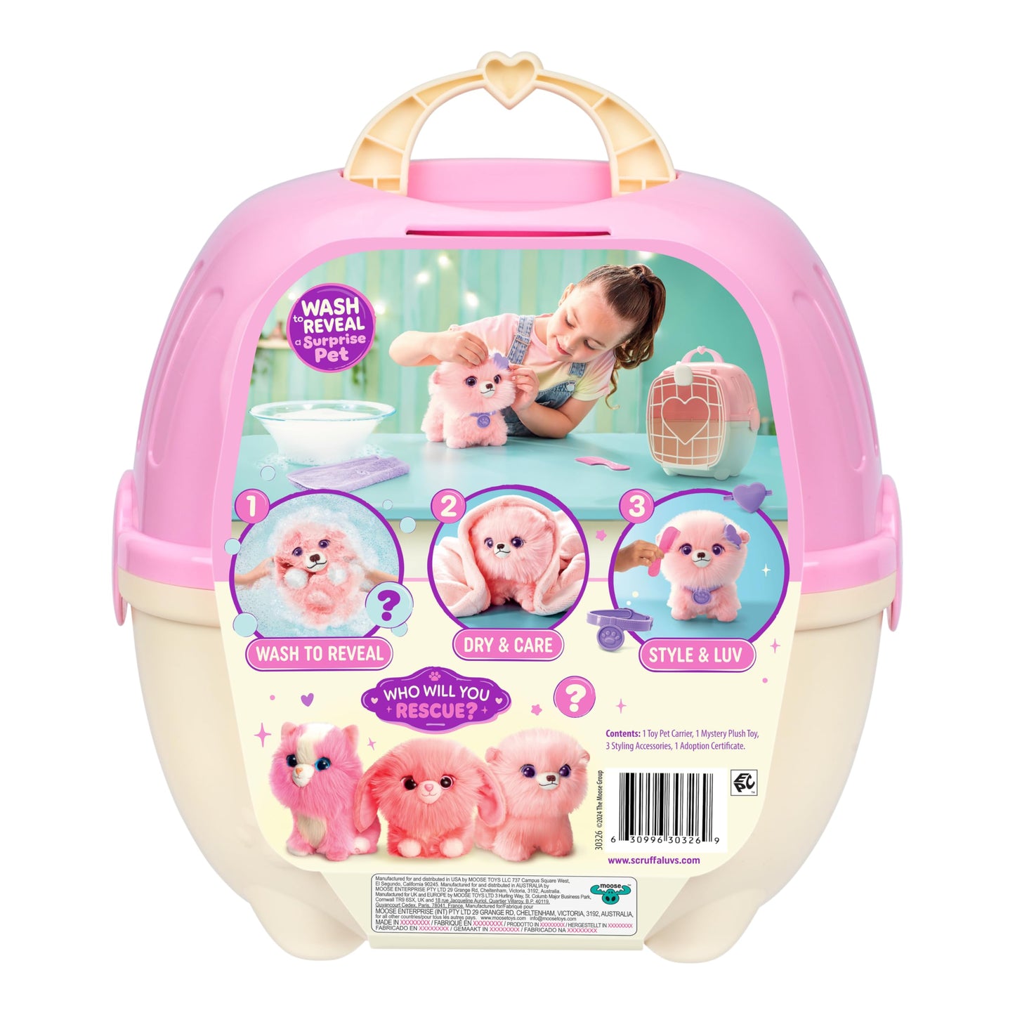 SCRUFFALUVS Pet Scruffs Pink Plush Toy – Wash & Reveal Puppy, Bunny, or Kitty with Deluxe Pet Carrier (Styles Vary)