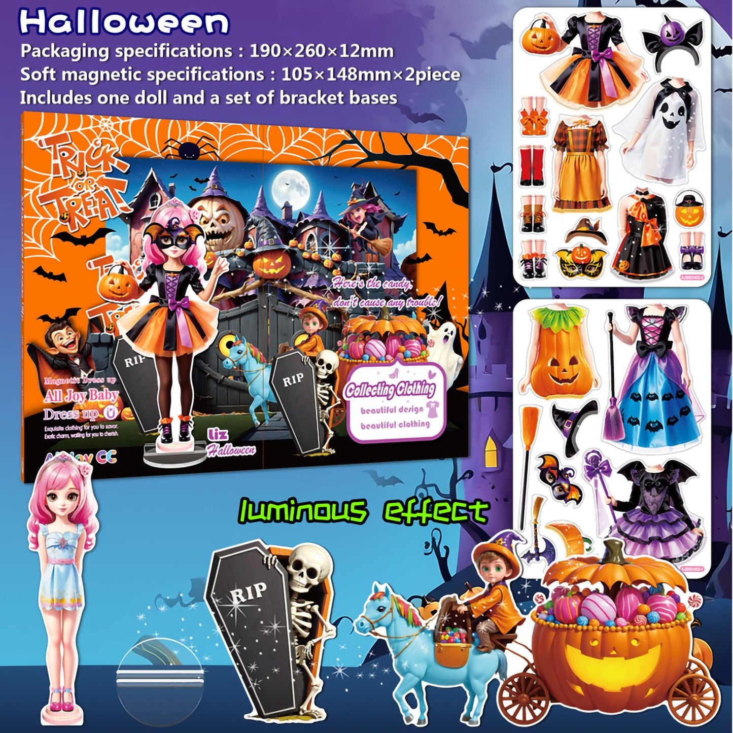 Halloween Magnetic Dress-Up Dolls for Kids โ Witch & Pumpkin Fairy Costumes with 3D Haunted House Scene, Travel Toy Gift Ages 3-7