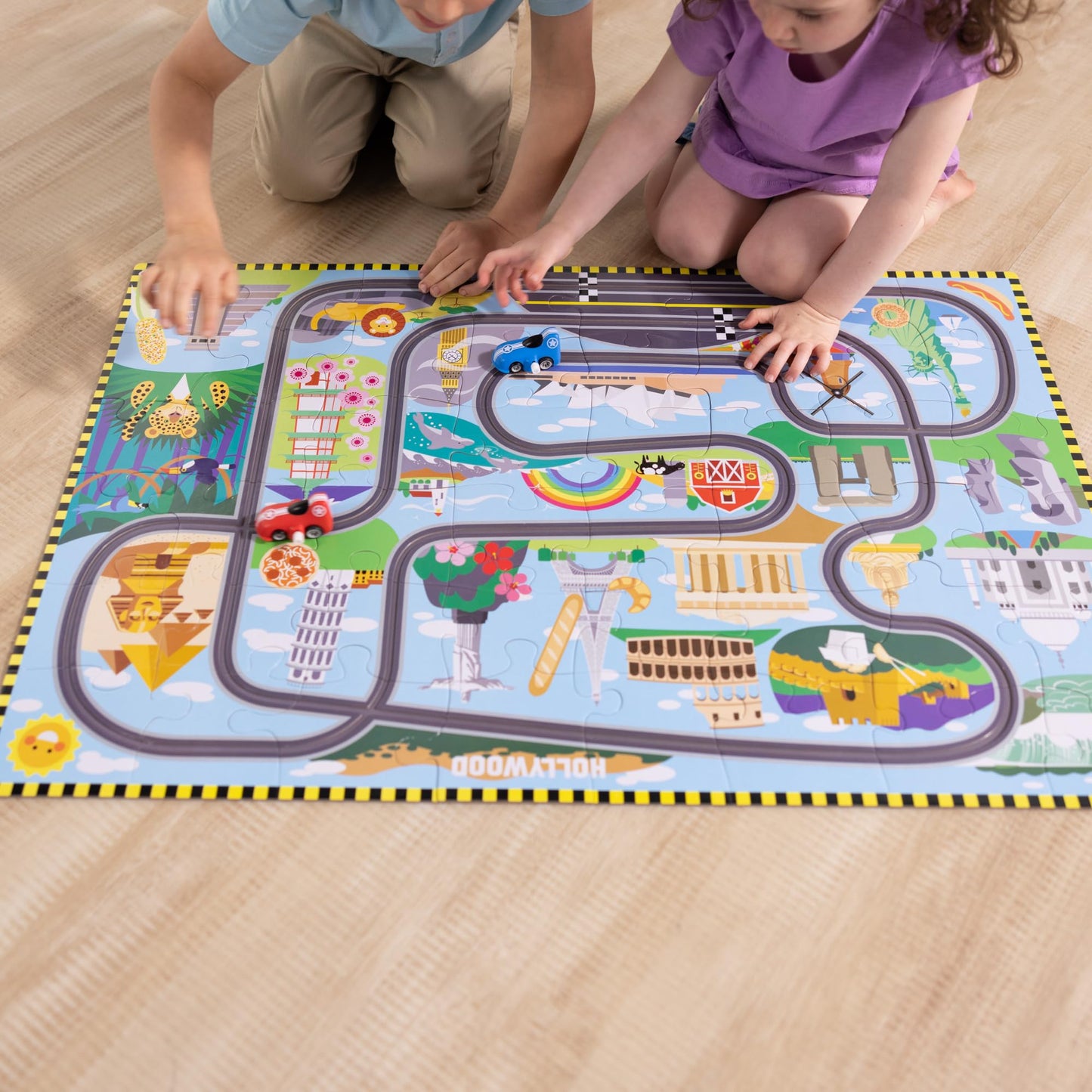 Melissa & Doug Race Around the World Floor Puzzle – 48-Piece Jigsaw with Wind-Up Vehicles, FSC-Certified, Educational Toy for Kids Ages 4+