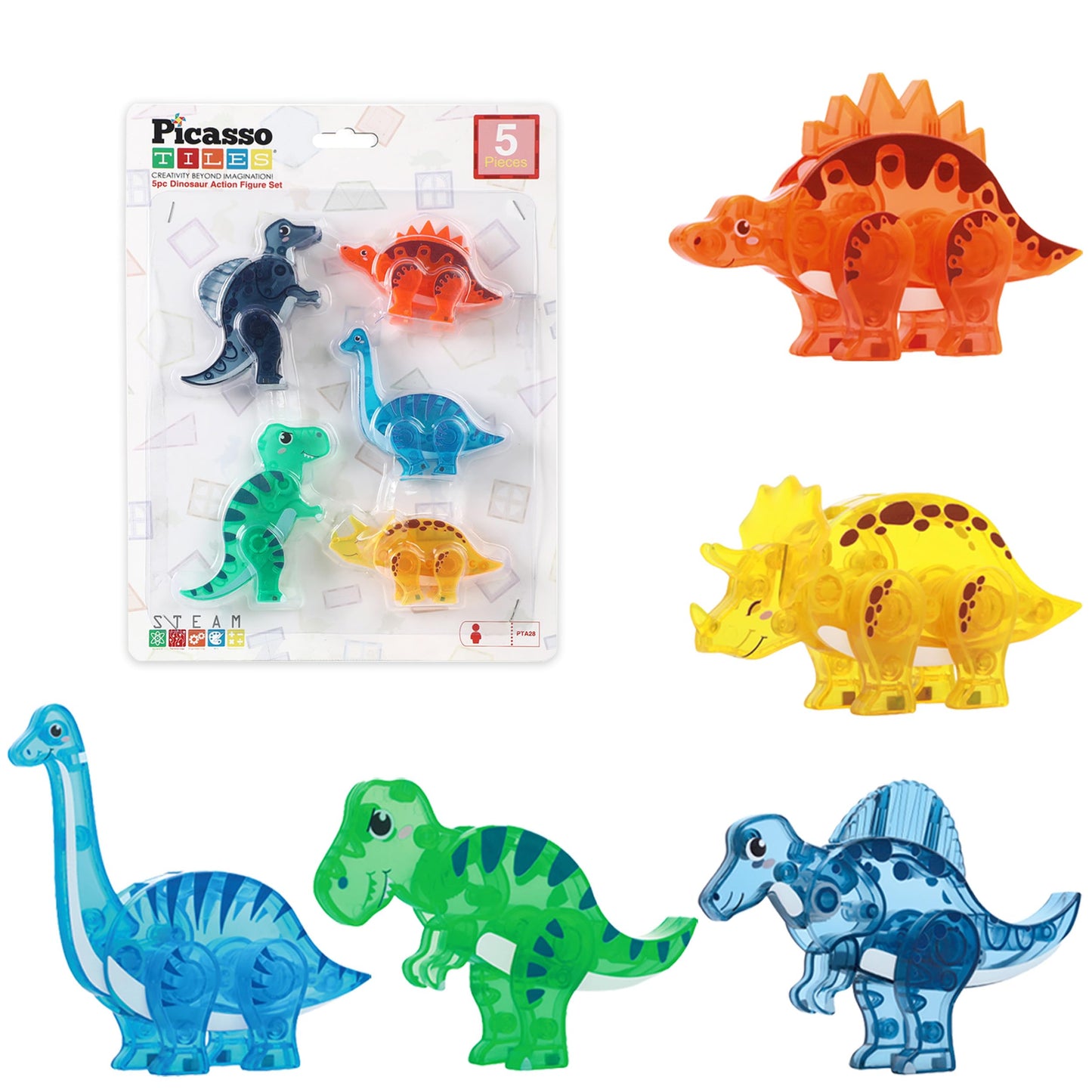 PicassoTiles Dinosaur Magnetic Tile Accessory Set – Mix & Match Dino Parts for STEM Building, Creative Pretend Play Toy for Kids 3+