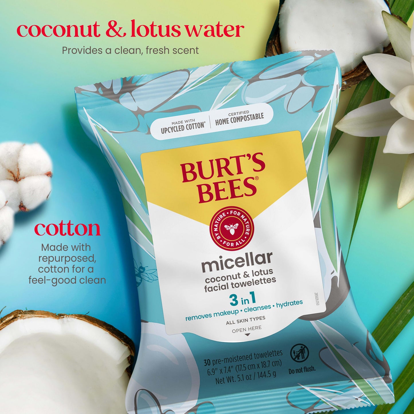 Burt's Bees Stocking Stuffers, Coconut & Lotus Face Wipes, for All Skin Types, Micellar Makeup Remover & Facial Cleansing Towelettes, Skin Care Christmas Gifts, 30 Ct. (3-Pack)