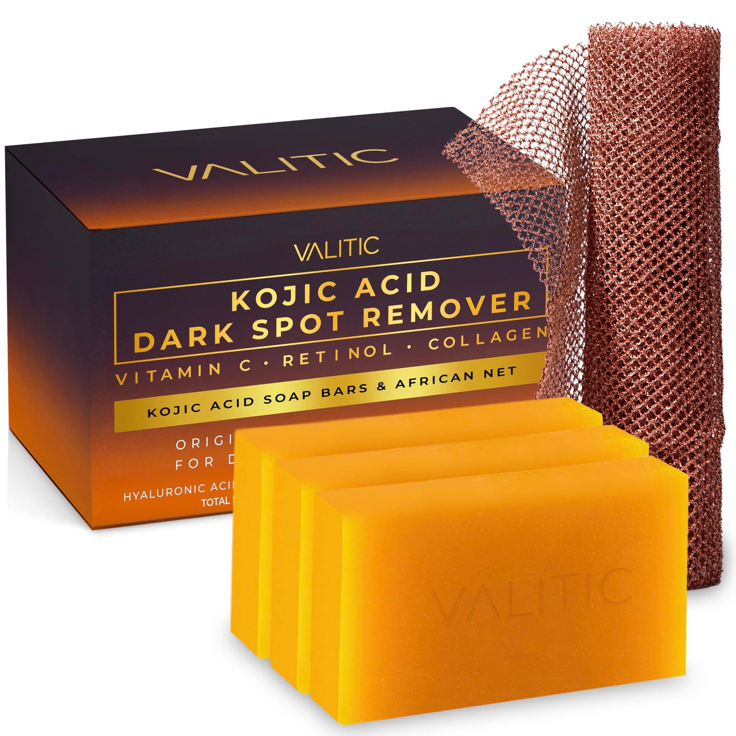 VALITIC Kojic Acid Dark Spot Soap with Turmeric, Vitamin C & Retinol – Japanese Complex, Hyaluronic Acid, Shea Butter, 3-Pack