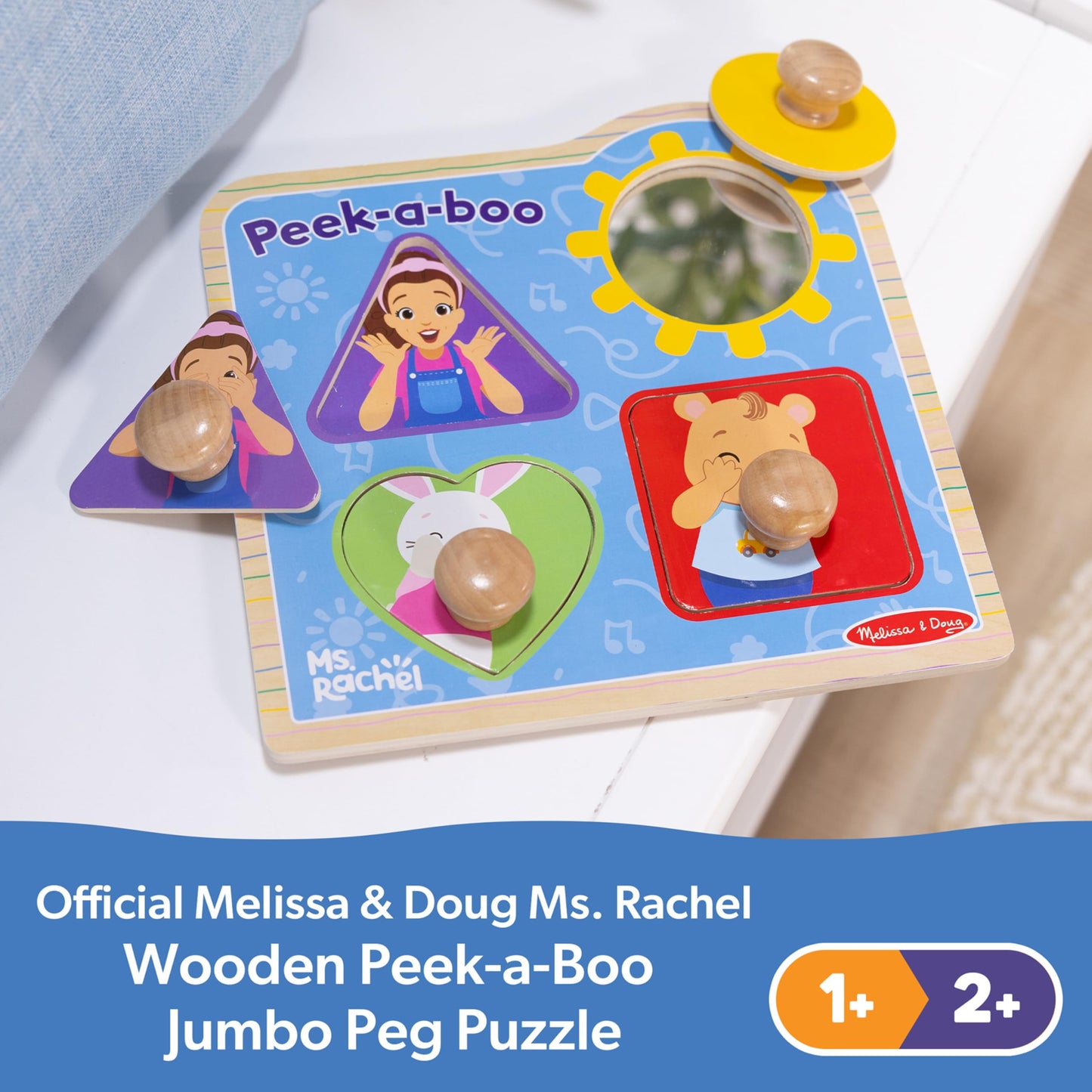 Melissa & Doug® Ms. Rachel™ Wooden Peek-a-Boo Jumbo Peg Puzzle, 4-Piece with Mirror, Toddler Toys for Boys and Girls Ages 1+ Years