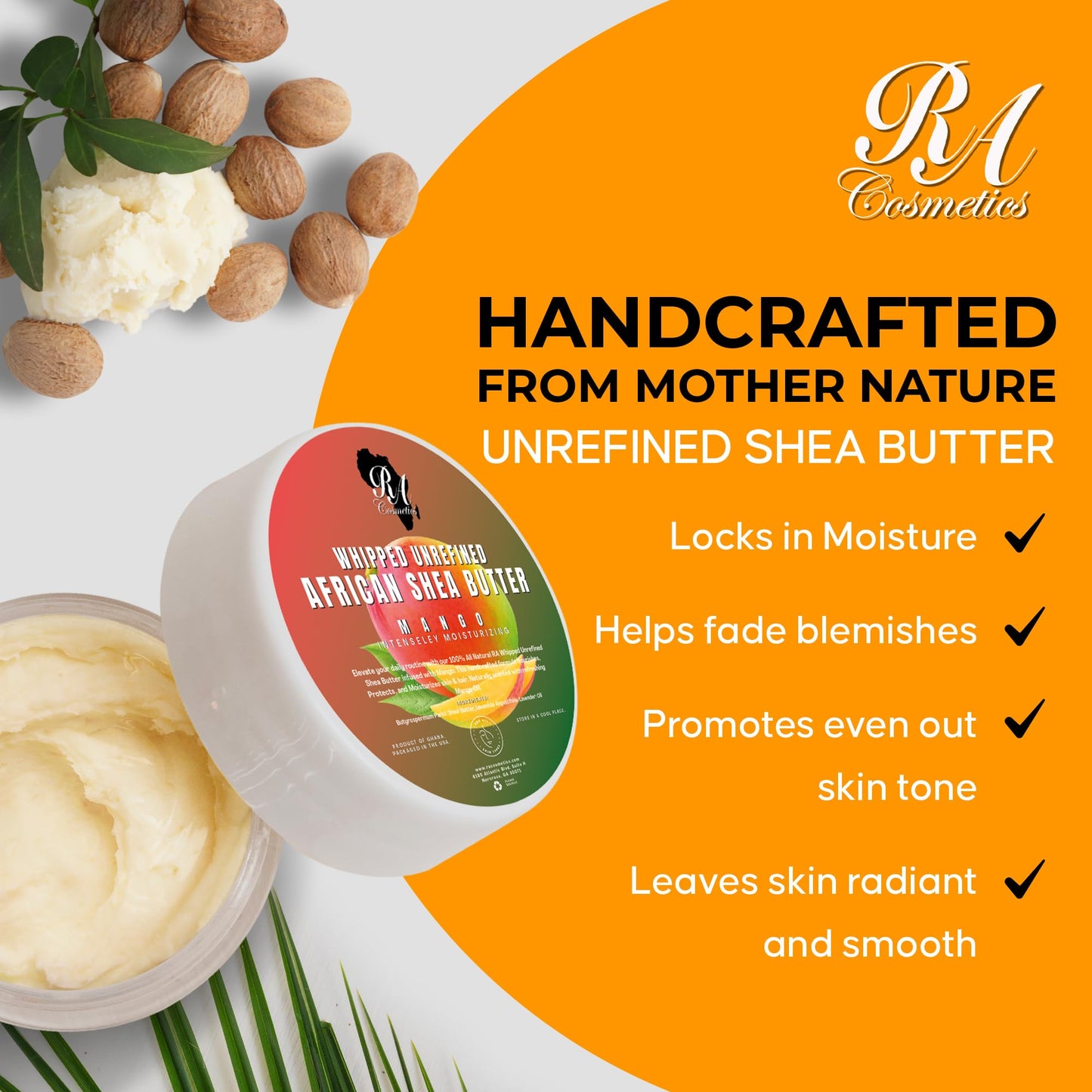 RA COSMETICS Whipped Mango Shea Butter – 100% Pure African Shea, Handcrafted Moisturizer for Skin & Hair, 12oz Jar