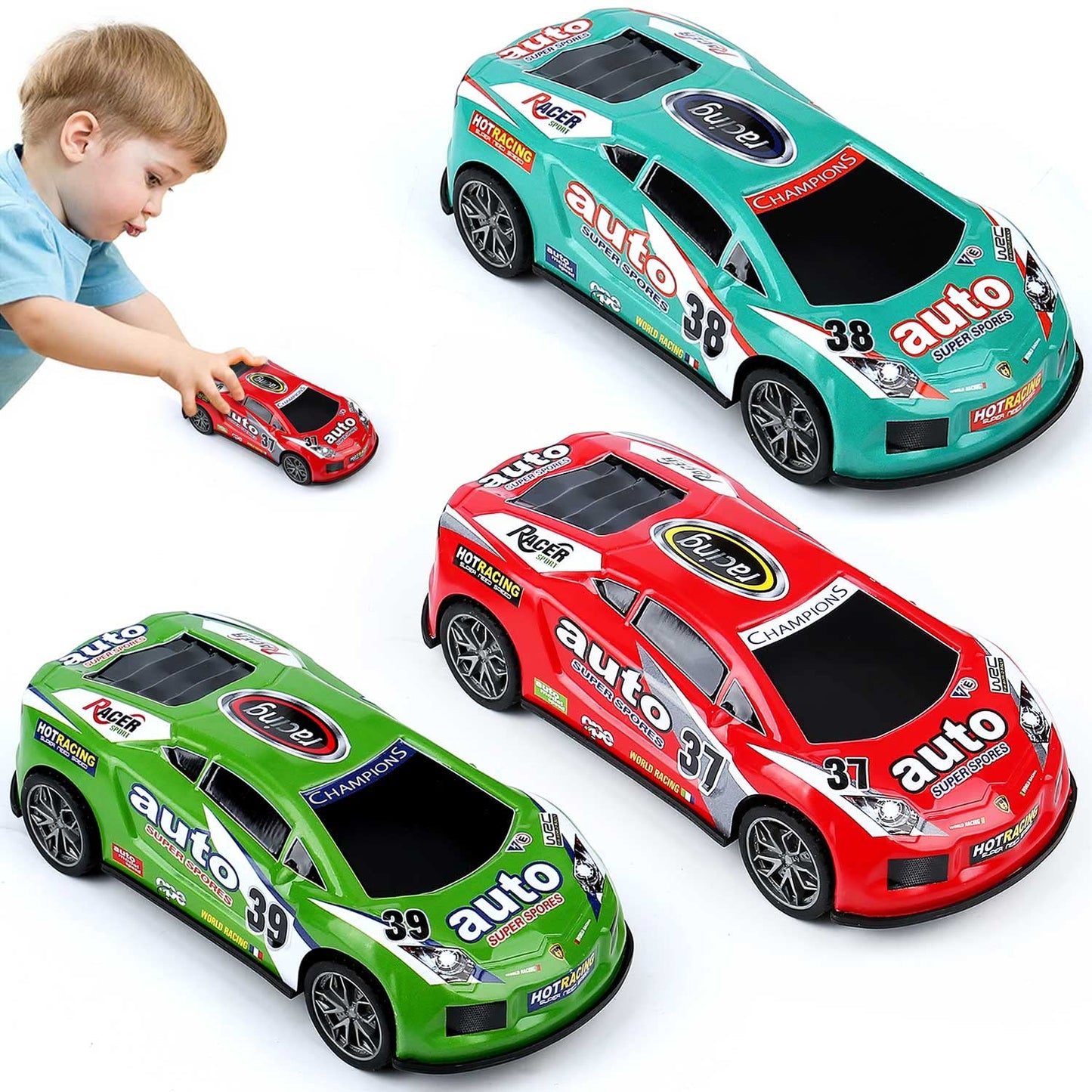 ZOHANINDL 7" Friction Power Cars 3-Pack – Push & Go Pull Back Race Trucks, Wind-Up Toys for Toddlers 3-7 Years, Boys & Girls Birthday Gift