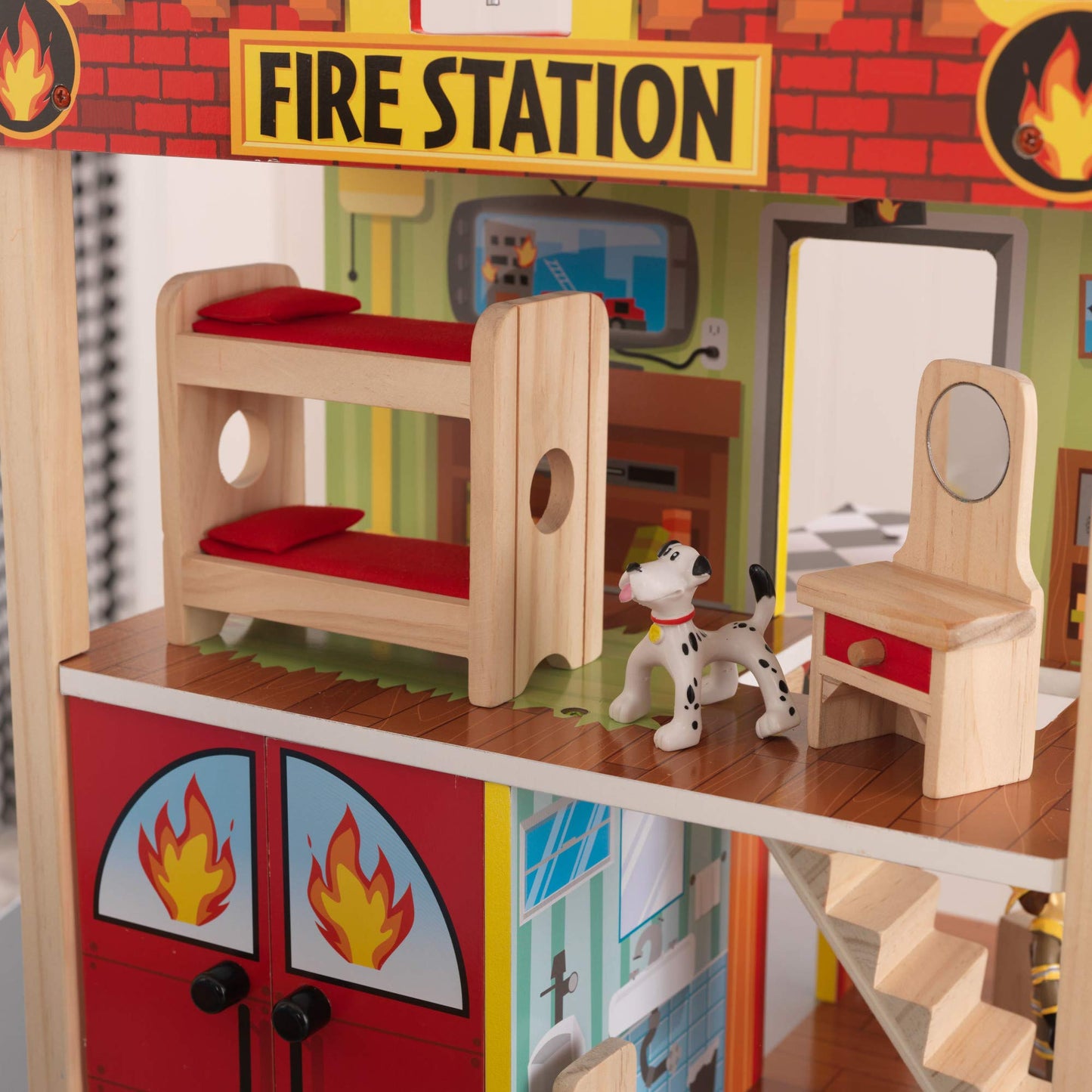 KidKraft Wooden Fire Station Set with 15 Accessories Including Helicopter, Bendable Figures and Dalmatian Dog