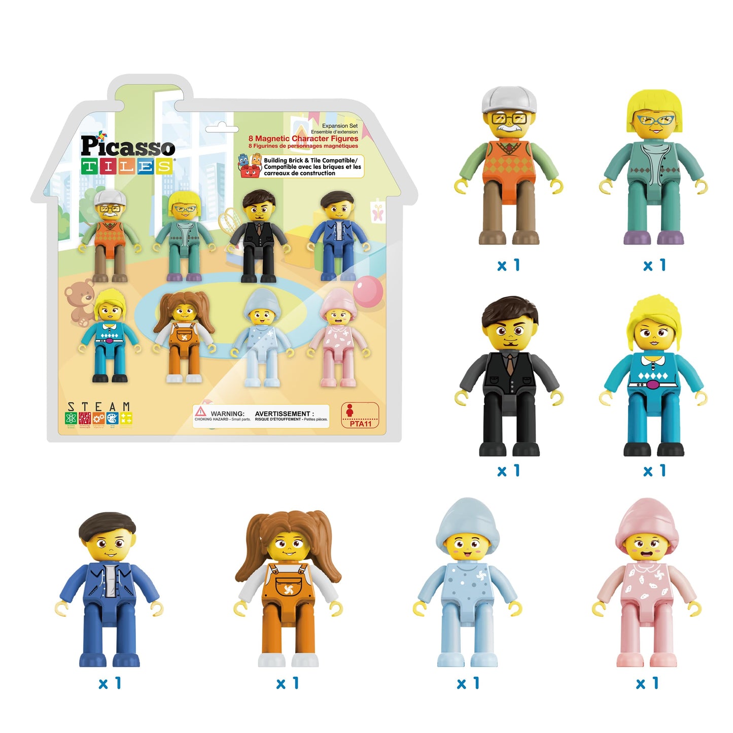 PicassoTiles 8-Piece Magnetic Action Figures Set – Family Characters for STEM, Creative Play & Magnet Tile Building Expansion, PTA11