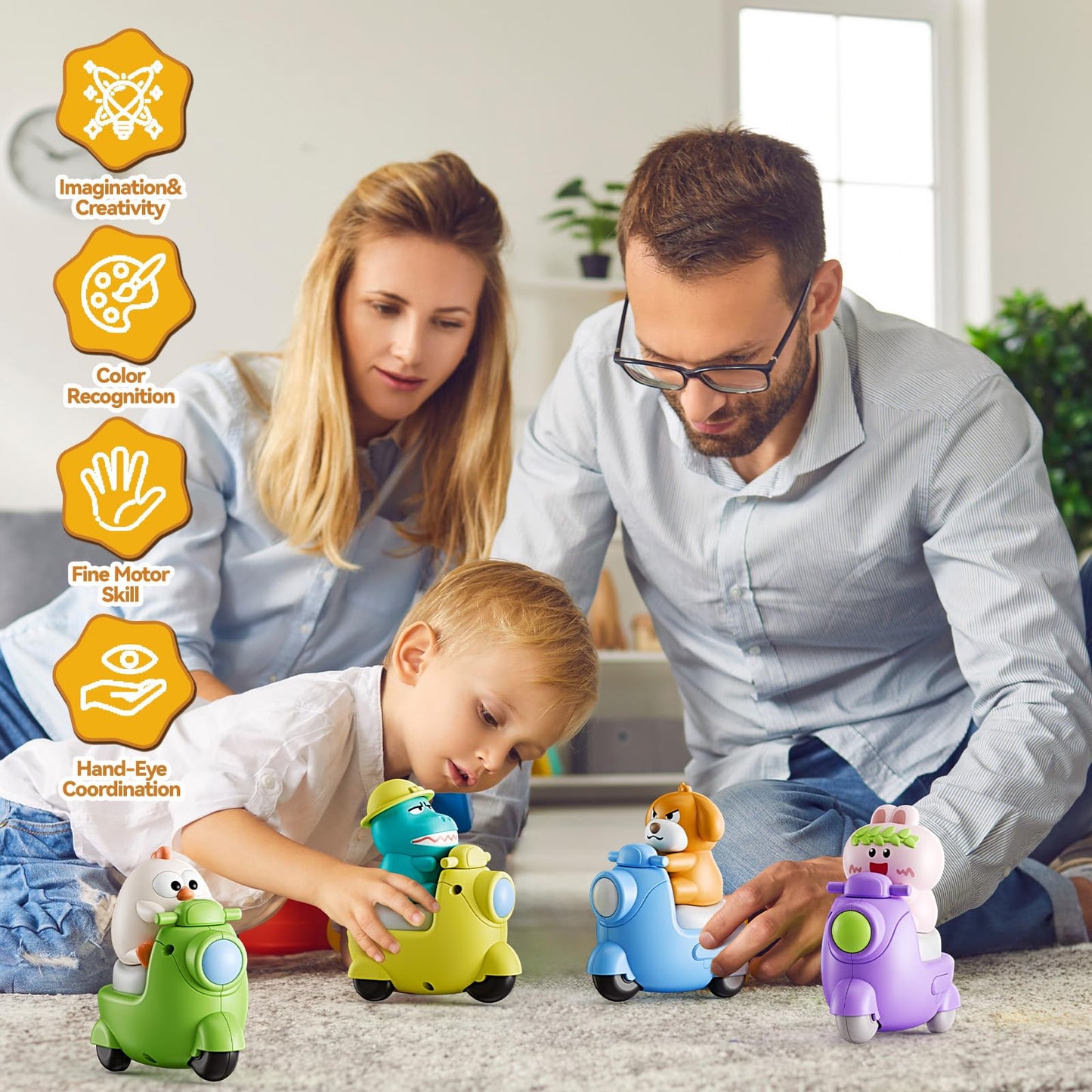 Hydrathy 4-Pack Press & Go Animal Cars for Toddlers 1-3, Dinosaur Push Toys for Boys & Girls, Safe Baby Vehicles for Birthday & Christmas