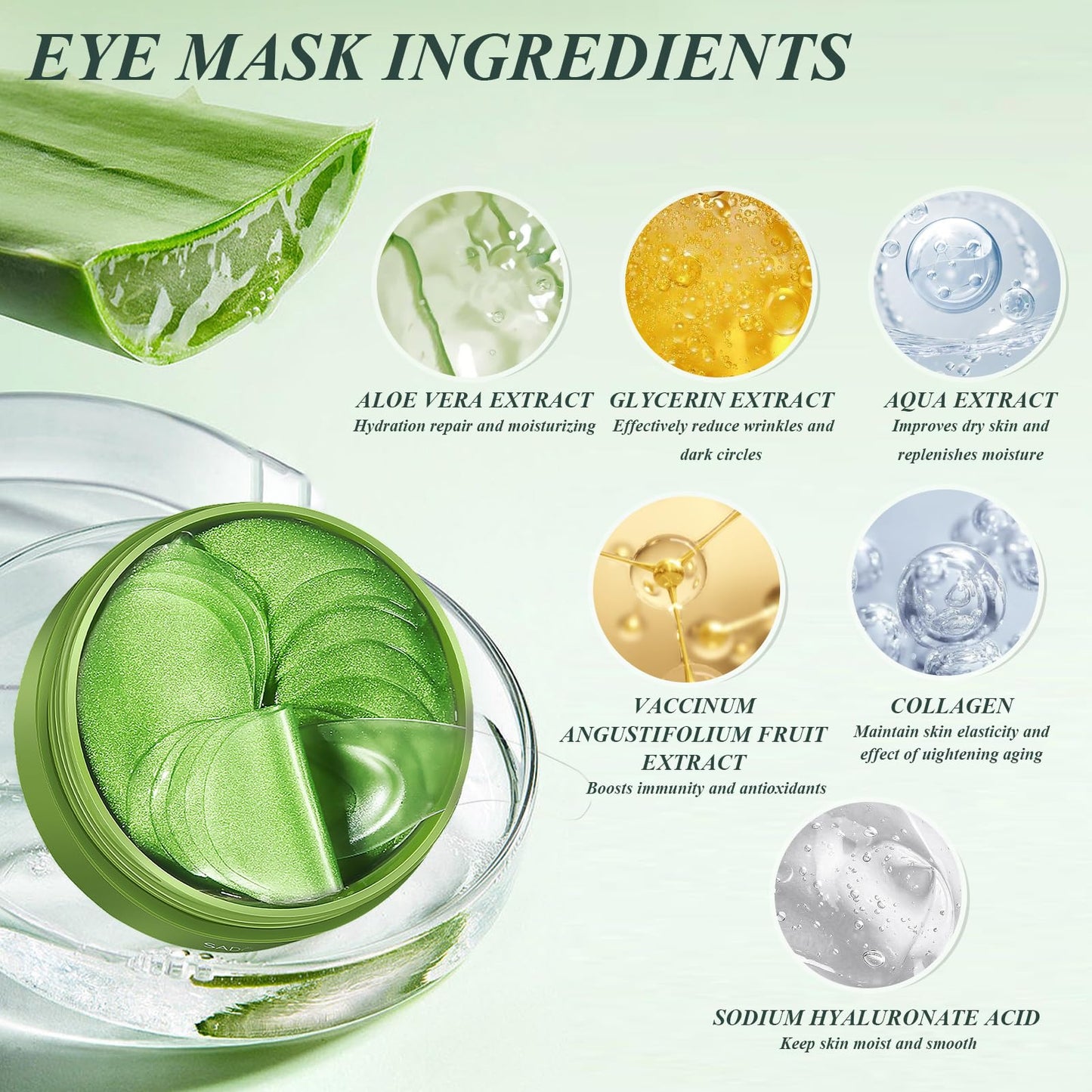 Under Eye Patches – 60 Aloe Vera Masks for Dark Circles, Puffiness, Wrinkles & Fine Lines, Natural Extracts Eye Care Treatment