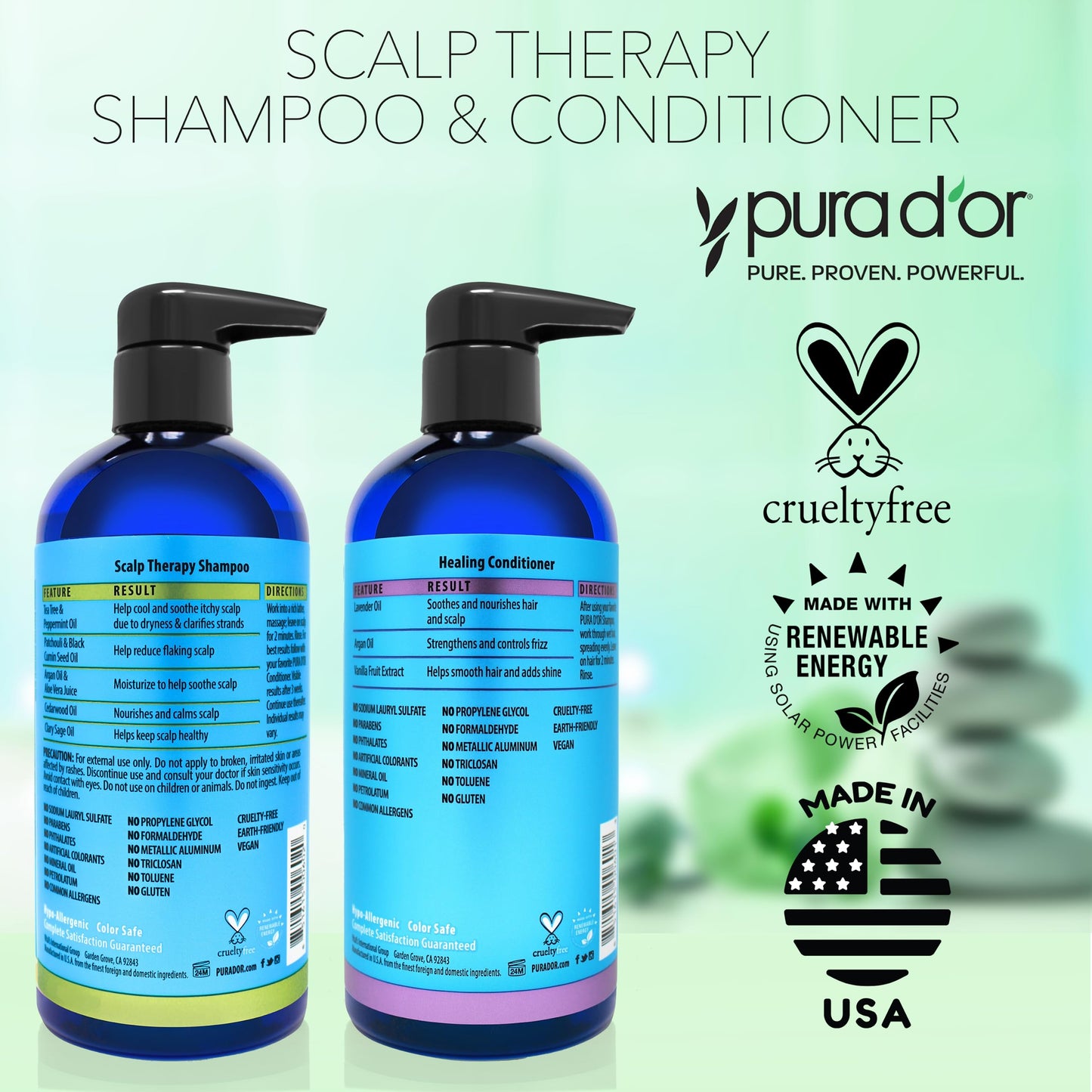 PURA D'OR Scalp Therapy Shampoo & Conditioner Set - Tea Tree, Peppermint, Argan Oil & Biotin - Hydrates, Soothes & Nourishes Dry, Itchy Scalp, 16oz x 2