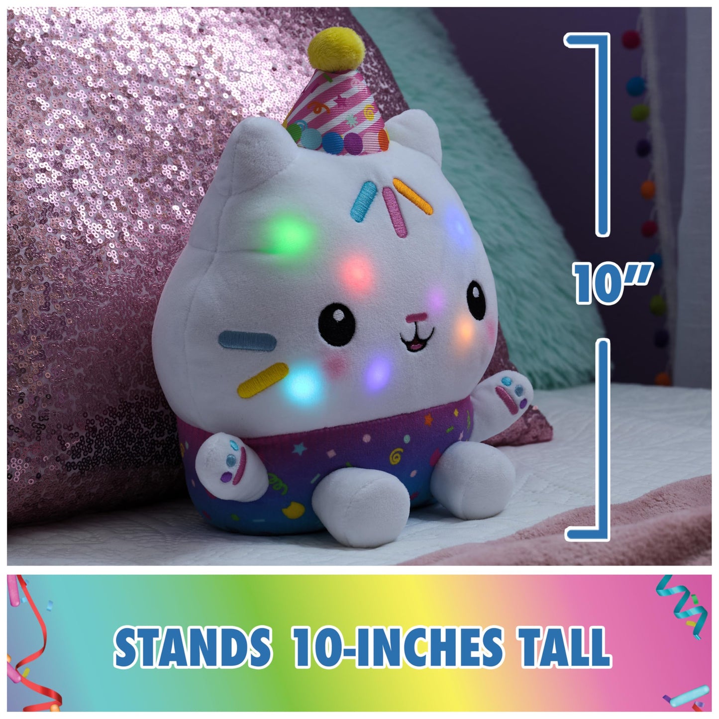 Gabby’s Dollhouse Celebrations, Sprinkle Party Cakey Cat Plush, 10-Inch Interactive Stuffed Animal with Sounds, Kids Toys for Girls & Boys Ages 3+