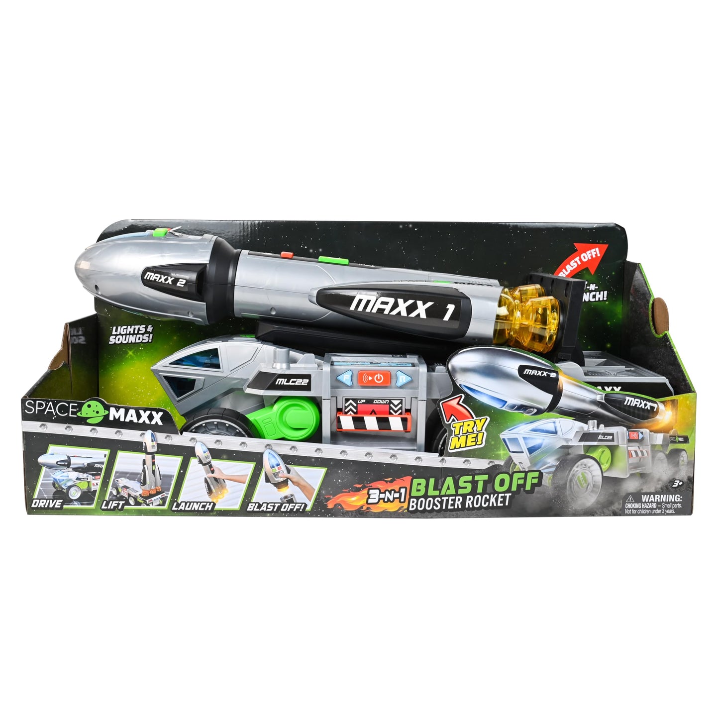 Sunny Days Maxx Action 3-in-1 Blast Off Booster Rocket Toy with Lights, Sounds & Motorized Drive – Includes Vehicle, Rocket & Capsule