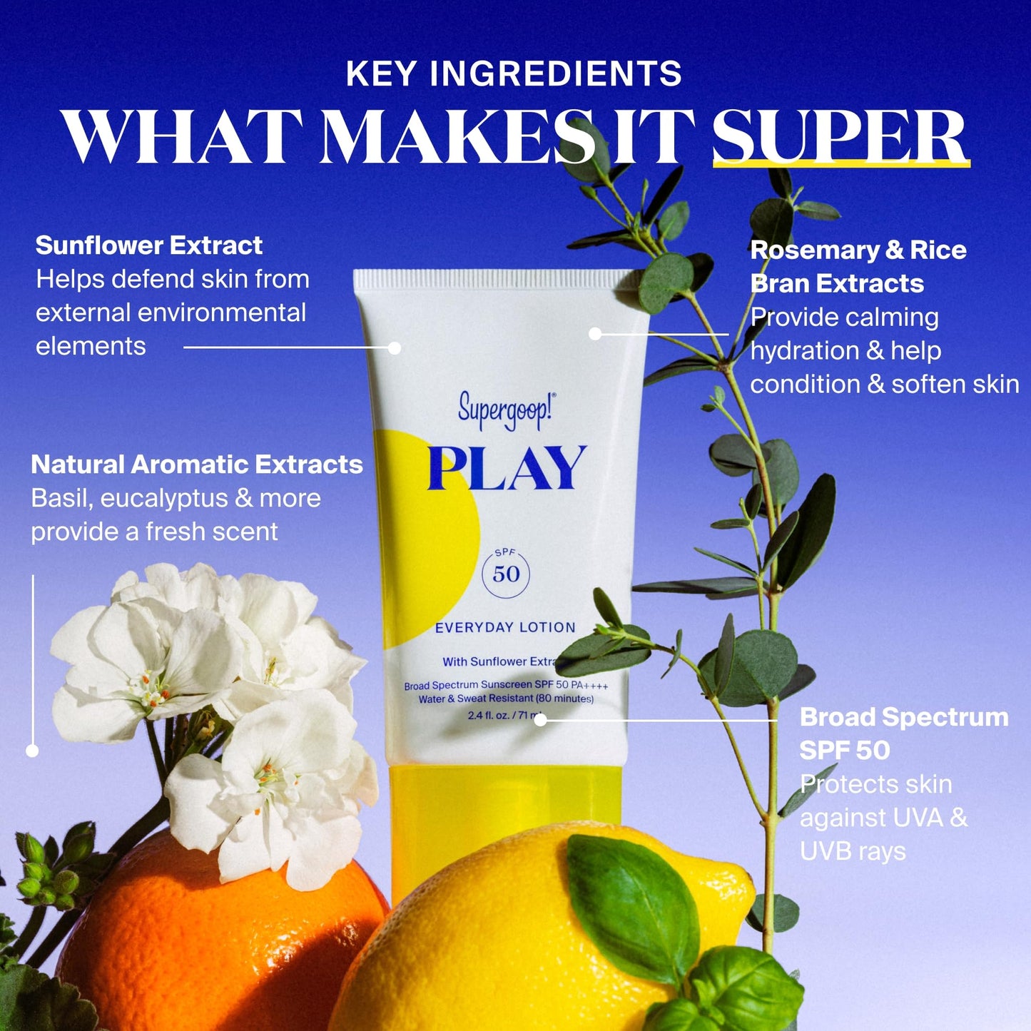 Supergoop! PLAY Everyday Lotion SPF 50 - Fast Absorbing, Water & Sweat Resistant Sunscreen for Face & Body, Sensitive Skin, 5.5 fl oz