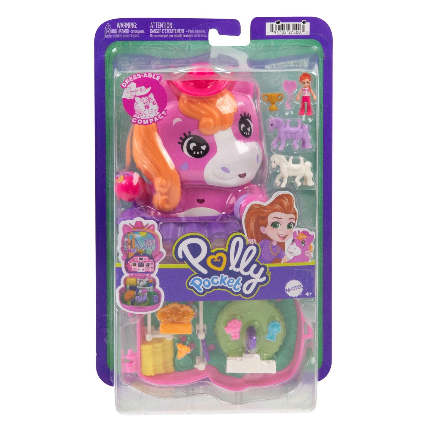 Polly Pocket Dolls and Playset, Pony Rodeo Compact, Travel Toy with 1 Micro Doll, Pet Horses, Food & Fashion Styling Accessories