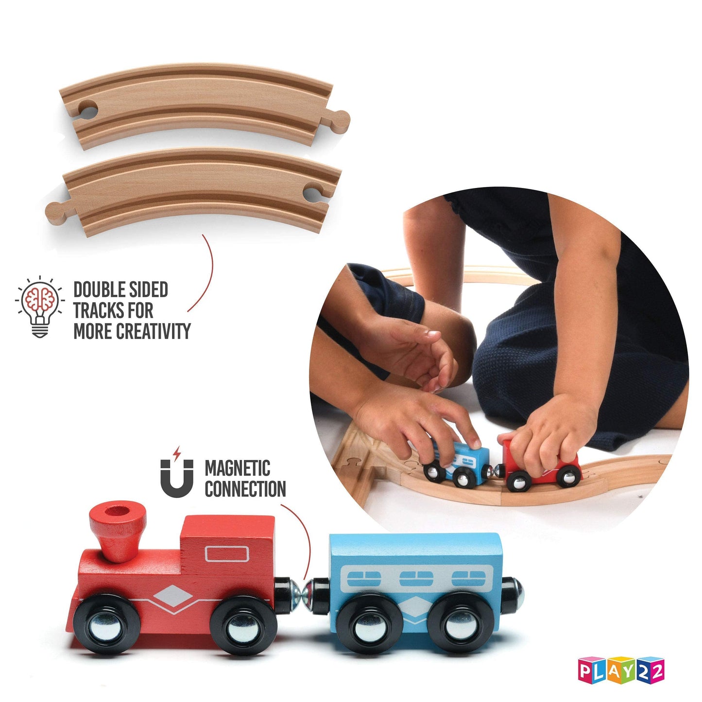 Play22 Wooden Train Tracks Set – 52 Pieces with 2 Bonus Trains, Compatible with Thomas & All Major Brands, Kids Railway Playset