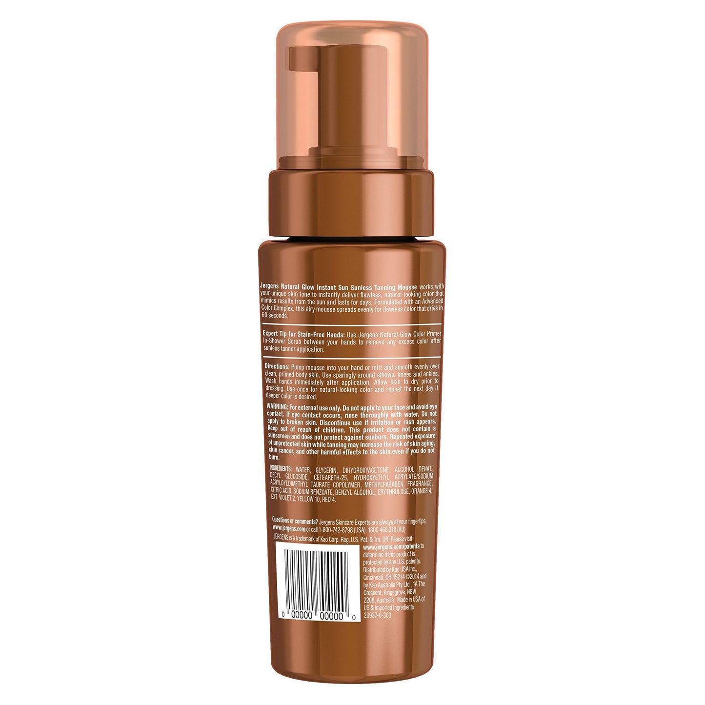 Jergens Natural Glow Instant Sun Body Mousse, Light Bronze Tan, 6 Ounce Sunless Self-tanner, for a Natural-looking Tan