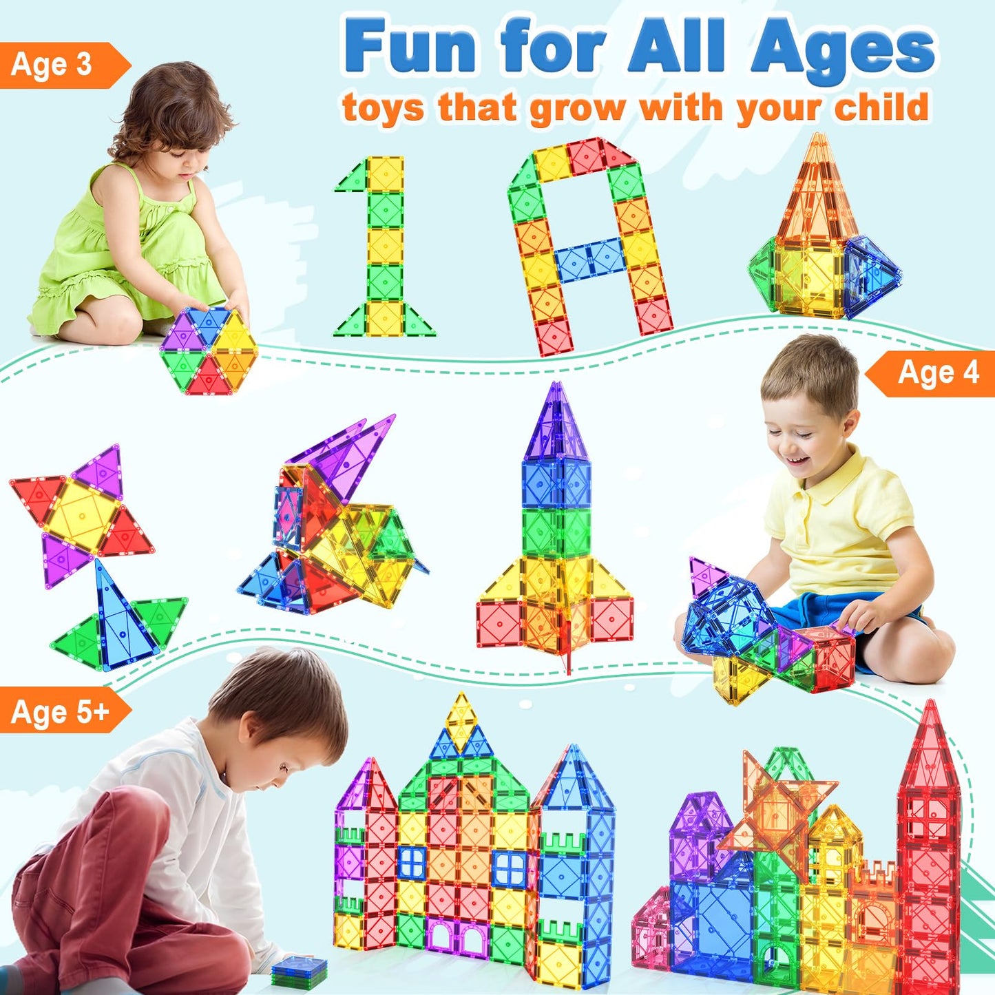 52PCS Magnetic Tiles Toys for 3 Year Old Boys and Girls Magnetic Building Blocks STEM Learning Toys Sensory Montessori Toys for Toddlers Kids