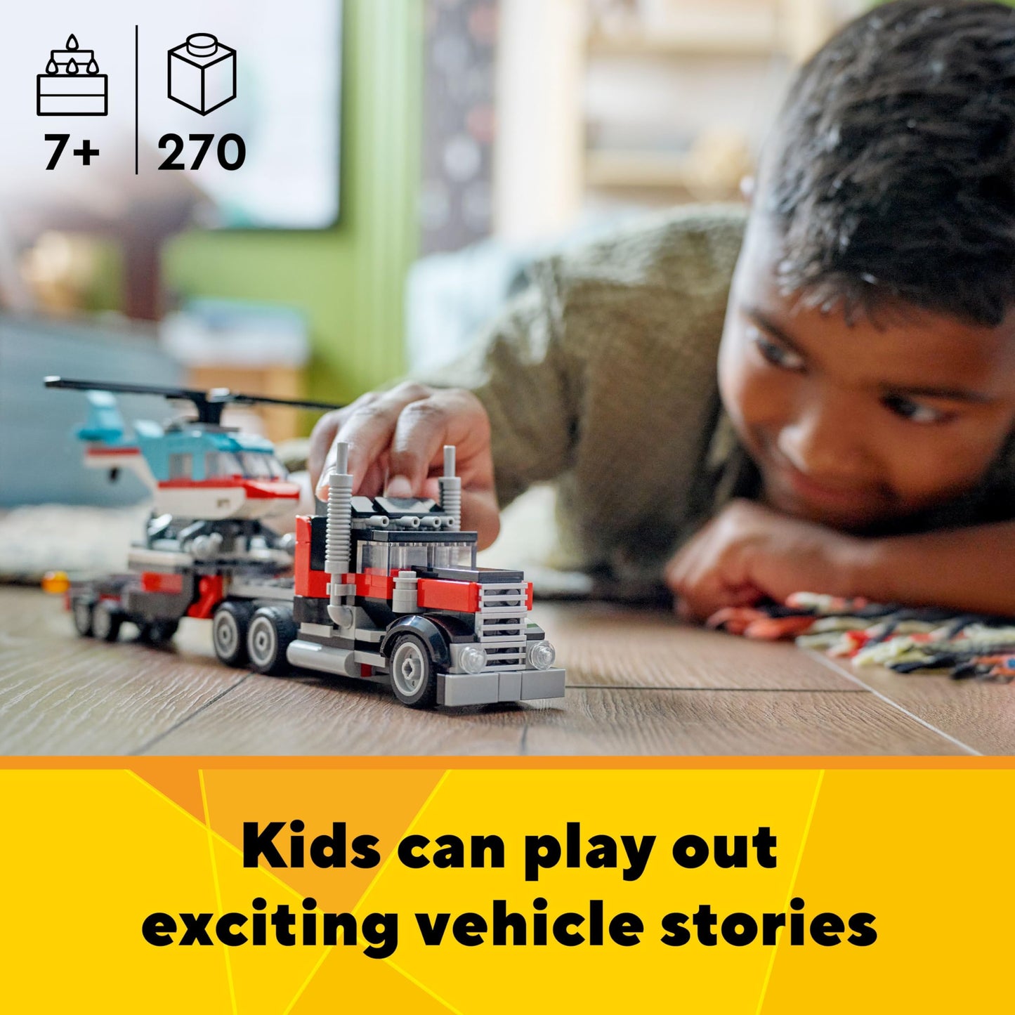 LEGO Creator 3-in-1 Flatbed Truck Toy – Transforms into Helicopter, Hot Rod & SUV, Building Set for Kids 7+, Gift Idea, 31146