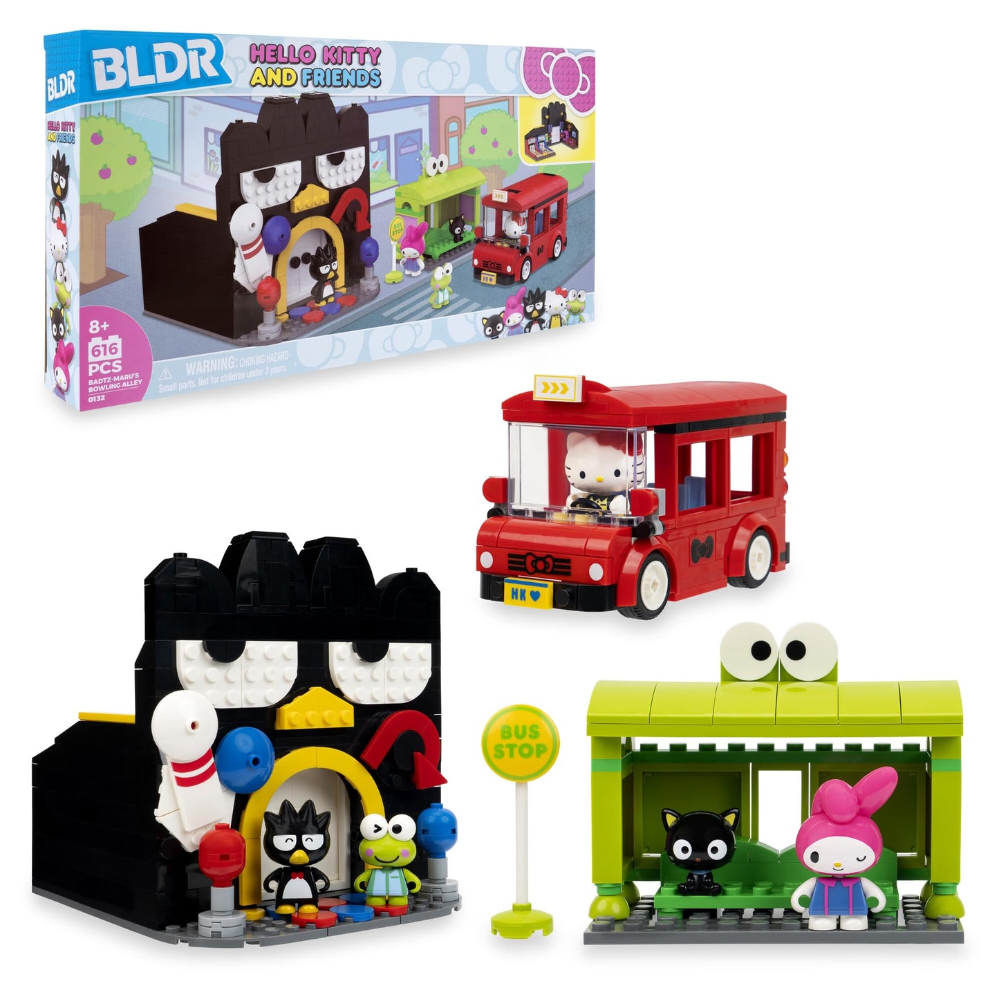BLDR Hello Kitty and Friends, Badtz-Maru’s Bowling Alley Building Set - Hello Kitty, Keroppi, Badtz-Maru, My Melody, & Chococat Minifigures - 8+, 0132