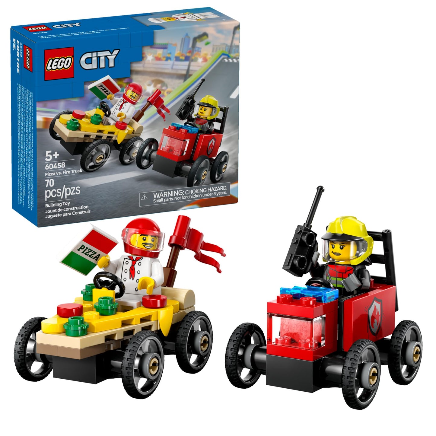 LEGO City Pizza vs. Fire Truck Race Car Set, Building Toy for Kids 5+, Includes Chef & Firefighter Minifigures, Gift for Birthdays