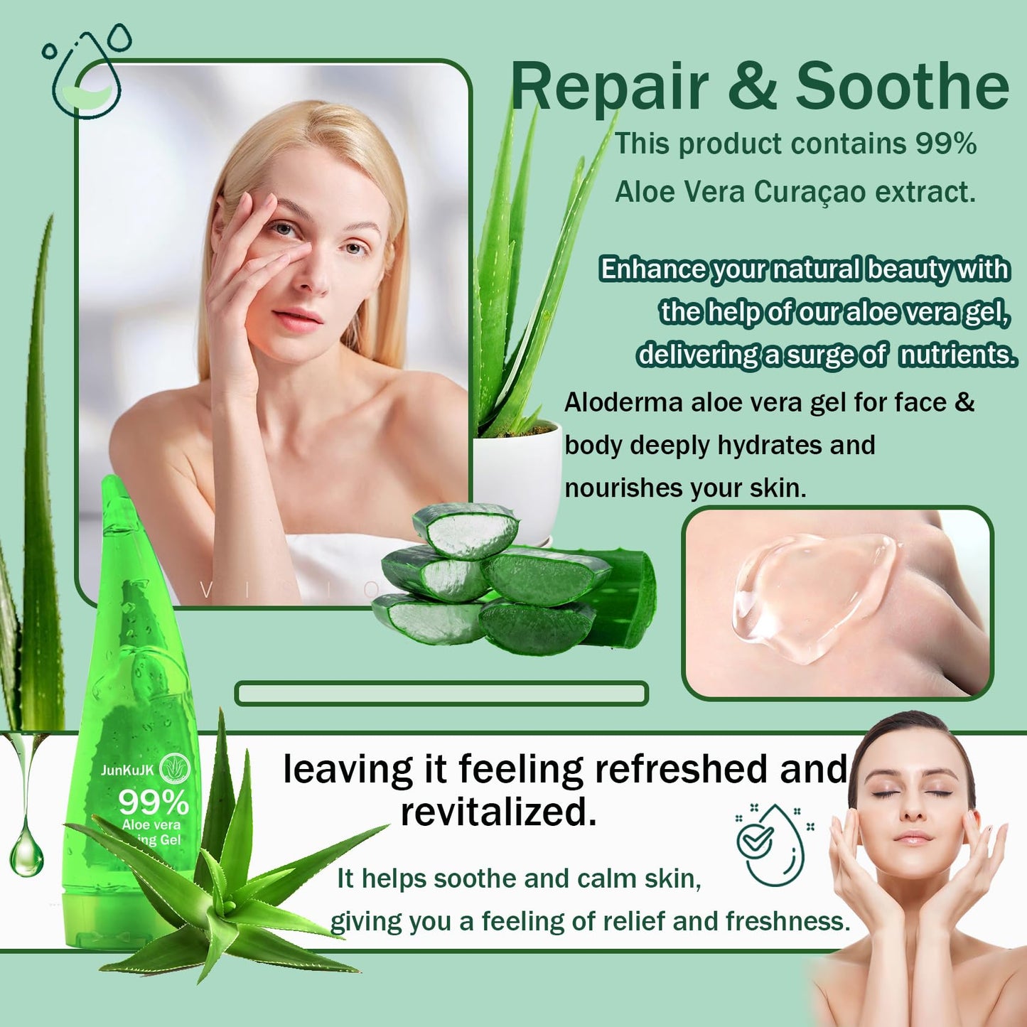 JunKuJK 99% Purity Aloe Vera Gel,260ml - Hydrating Aloe Vera Gel for Face and Skin,No Sticky Moisturizing Aloe Gel A