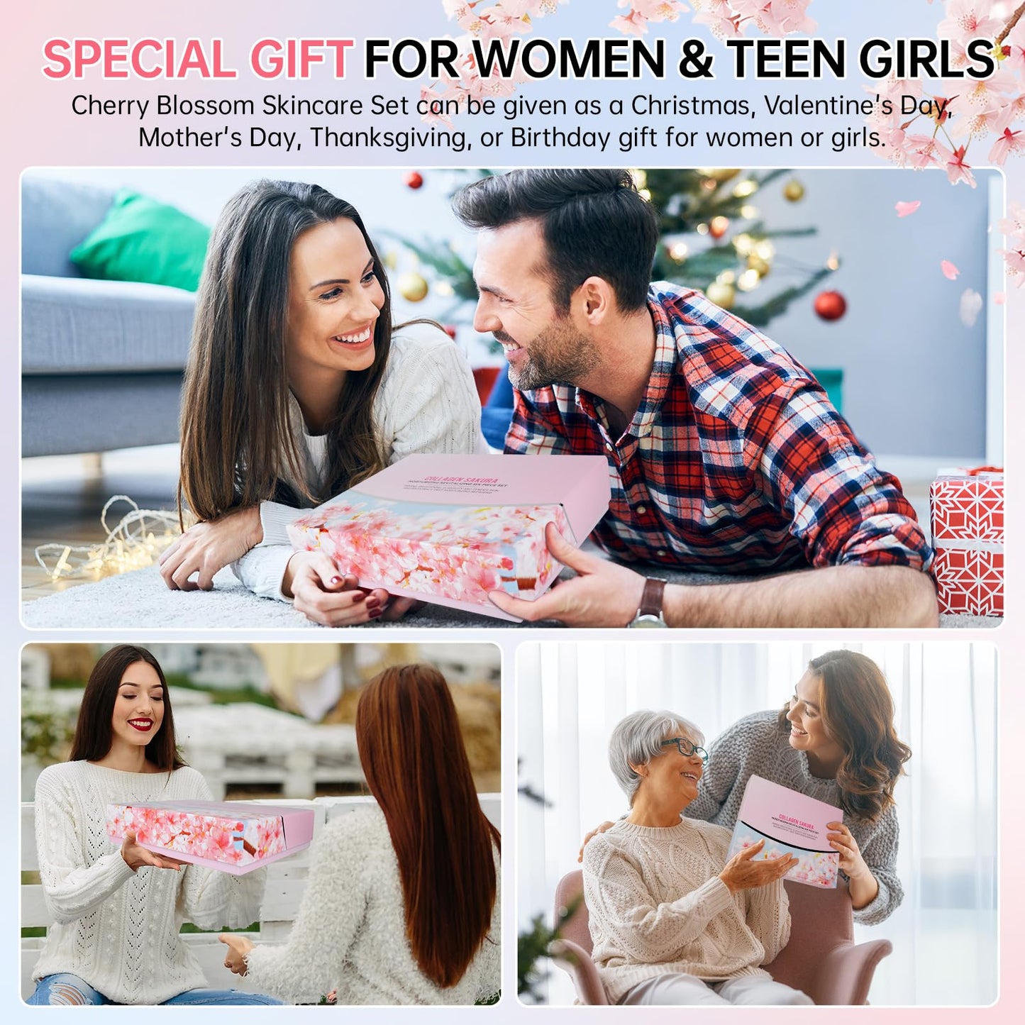 Sakura Skin Care Gift Set for Teen Girls & Women – 6 Pc Cherry Blossom Collagen Kit with Cleanser, Toner, Lotion, Serum, Cream & Eye Cream